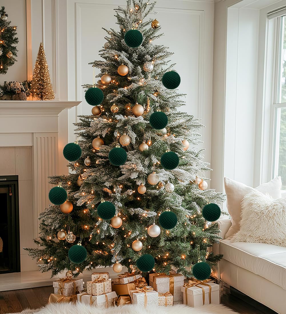 Velvet Christmas Ball Ornaments Set - 6 Pcs 4" Large Hanging Ball Christmas Tree Decorations Green Shatterproof Luxury Decor with Hanging Strings for Xmas Tree Decor Halloween Holiday Home Party