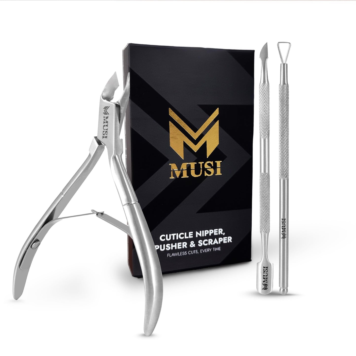 MUSI 3 PC Cuticle Trimmer Clippers & Pusher, Trim Cuticles & Remove Dead Skin for Manicure & Pedicure and Groom Fingernails & Toenails with Sharp, Efficient Cuticle Nipper Kit Men & Women
