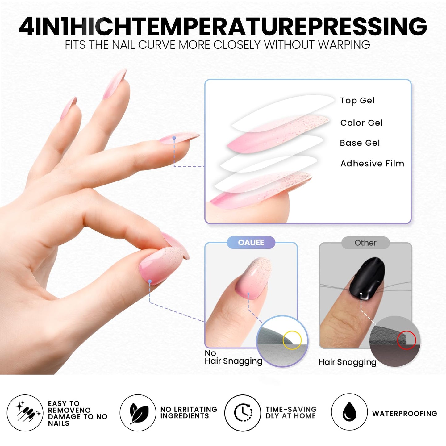 Oauee Semi Cured Gel Nail Strips | Built-In Gel Top Coat | UV Light Required | Salon Quality, Easy Application And Removal (Pink Shimmer Ombre)