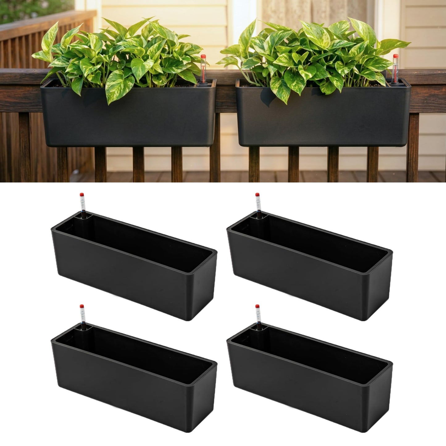 LaLaGreen Railing Planter Boxes (16 Inch, 4 Pack) Black Rectangular Plastic Window Box Planters with Self-Watering System Metal Brackets, Outdoor Plants Herbs Flowers Deck Balcony Fence Garden Decor