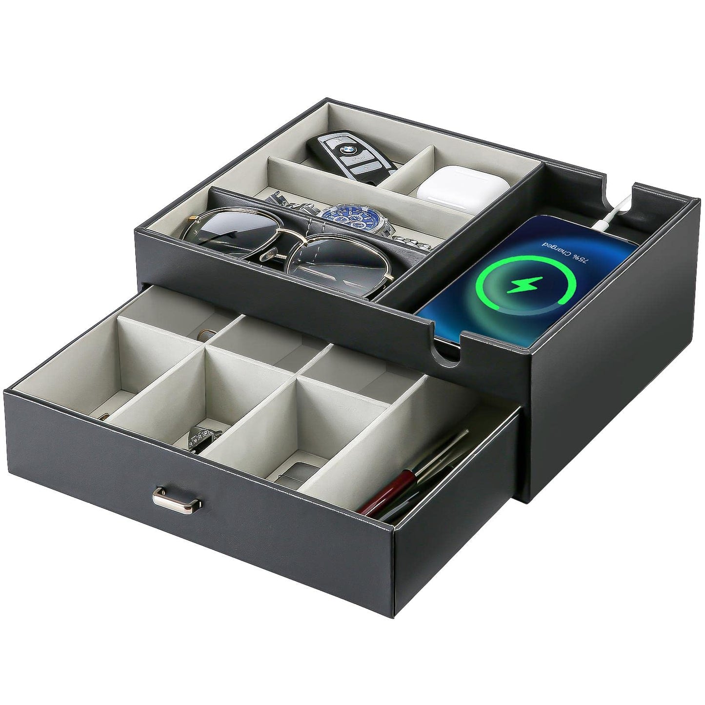 ProCase 2 Layers Valet Tray Gift for Men, Nightstand Organizer EDC Dump Catchall Trays with Phone Charging Station, Dresser Top Table Beside Entryway Storage Box -Black