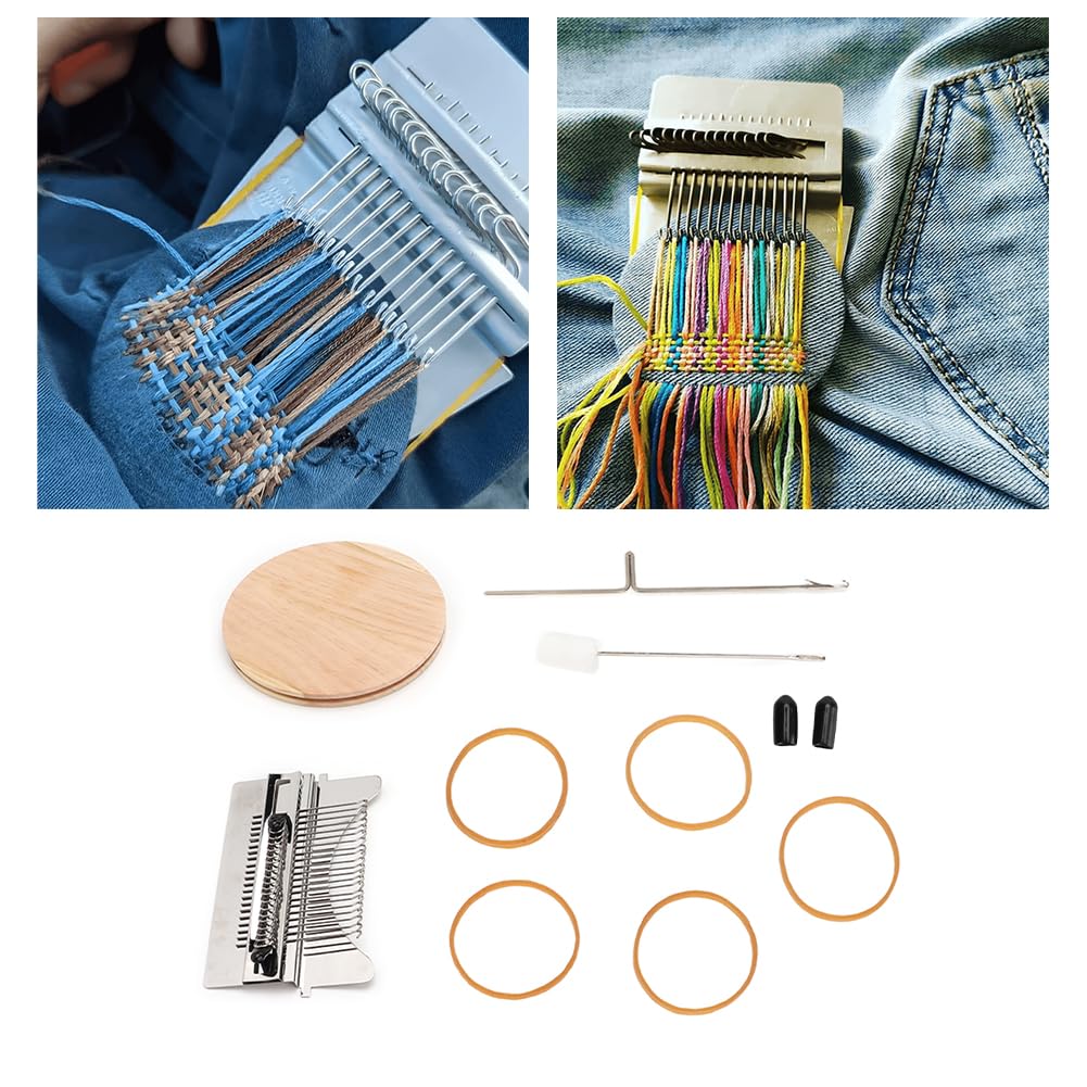 Joyzan Small Darning Loom, Speedweve Type Weave Tool Wood Mini Mending Stamping Machine Weaving Patch Kit Quickly Repair Mending Jeans Socks Clothes Stitching Knitting DIY Arts Beginner Holes 14 Hooks