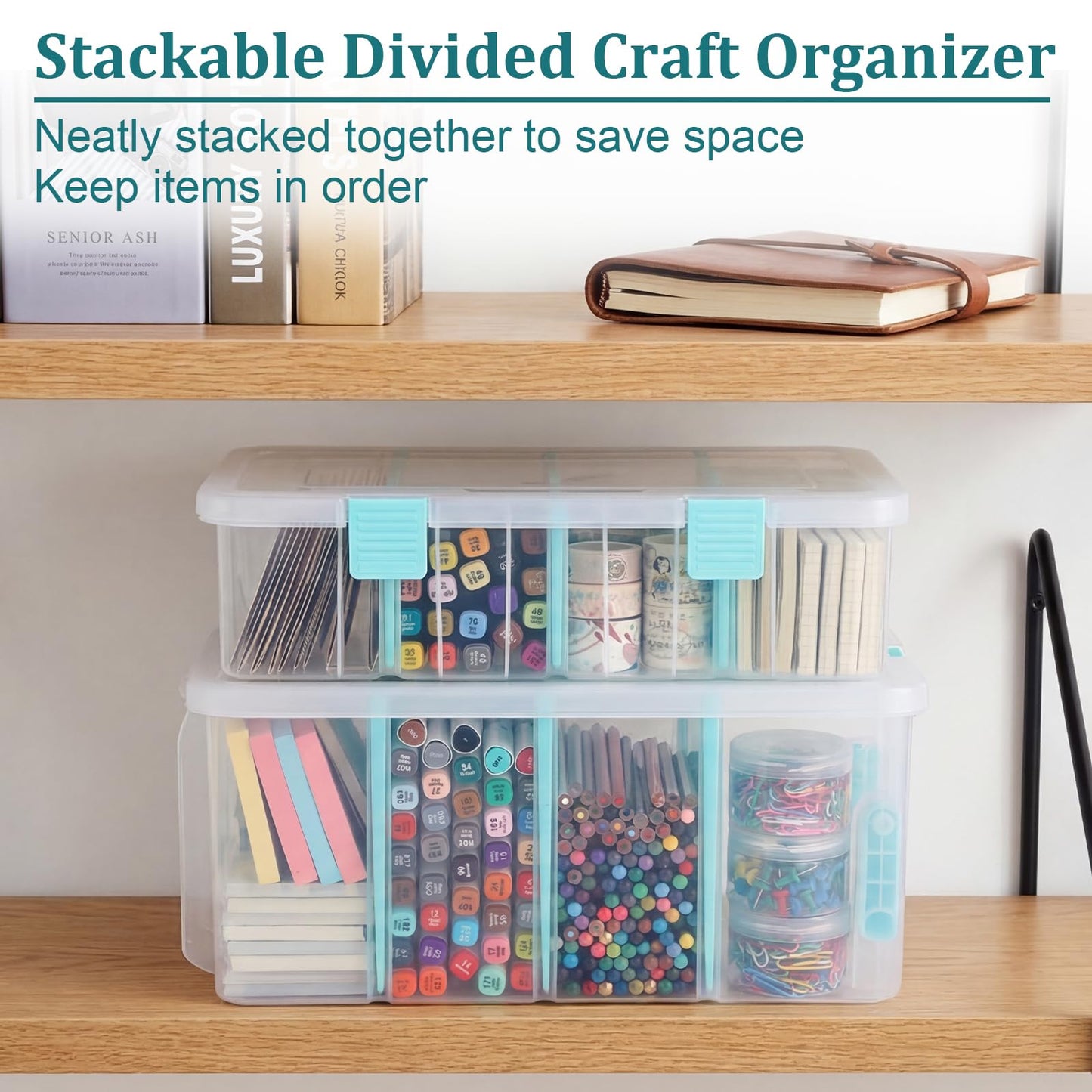 BTSKY Clear Plastic Dividing Storage Box with 4 Compartments Adjustable Storage Bin with Lid Plastic Craft Storage Container Multipurpose Sewing Box Art Supply Organizer, 13.3x8.1x3.4 Inches
