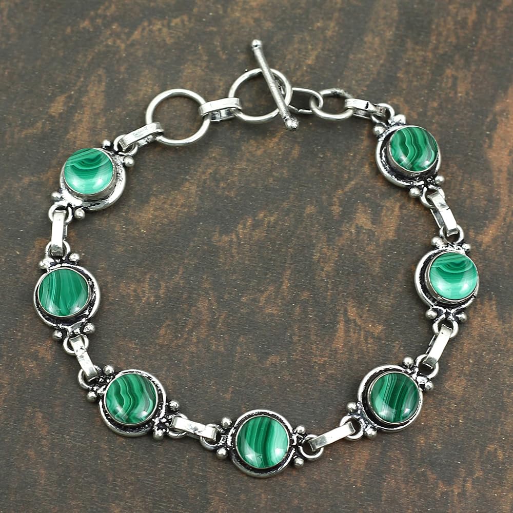 Natural Malachite 925 Silver Plated Green Gemstone Bracelet for Women - April Birthstone Vintage Style Handmade Jewelry Bracelet - Wedding Christmas Gifts for Her
