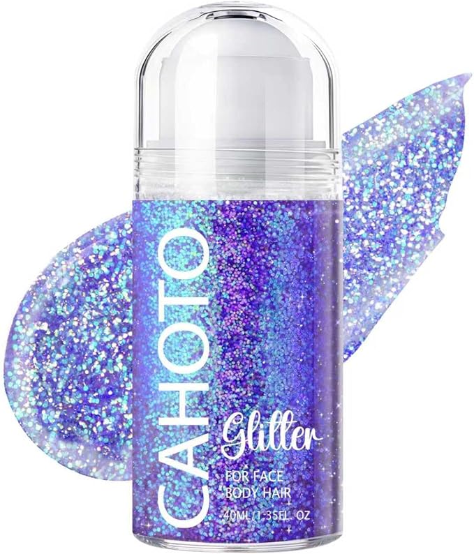 CAHOTO Purple Rolling Glitter for Face Body & Hair, Sparkling Holographic Chunky Shimmer, Roll-on Sequins for Singer Concert Rave Festival Halloween Party Mardi Gras Carnival, 1.35fl.oz