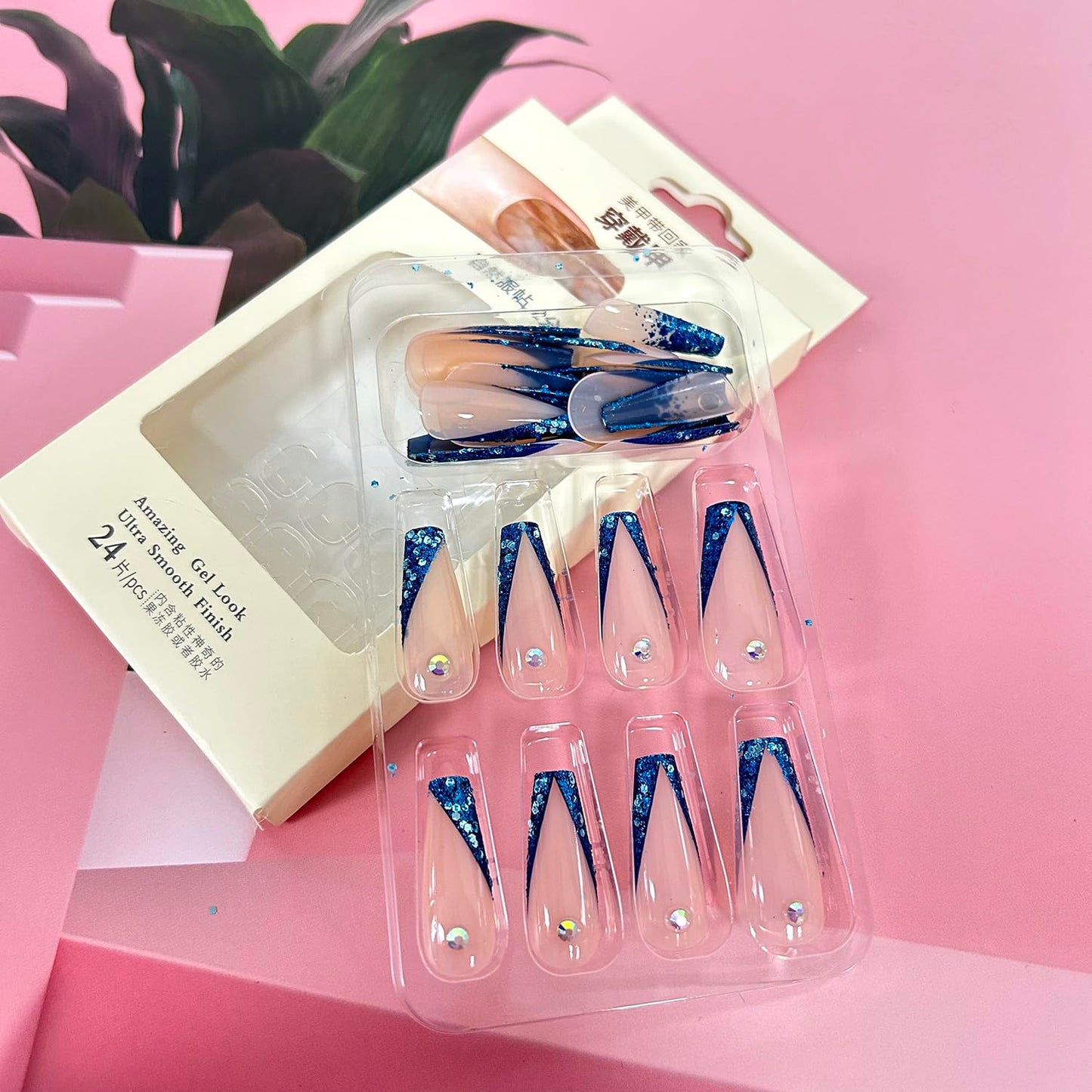 Press On Ballet Shaped Artificial Acrylic Nails - Shine Rhinestones & Blue Sequins Design - Nude French Fake Coffin Nails - Full Cover Reusable Glue On Nails for Women - 24Pcs