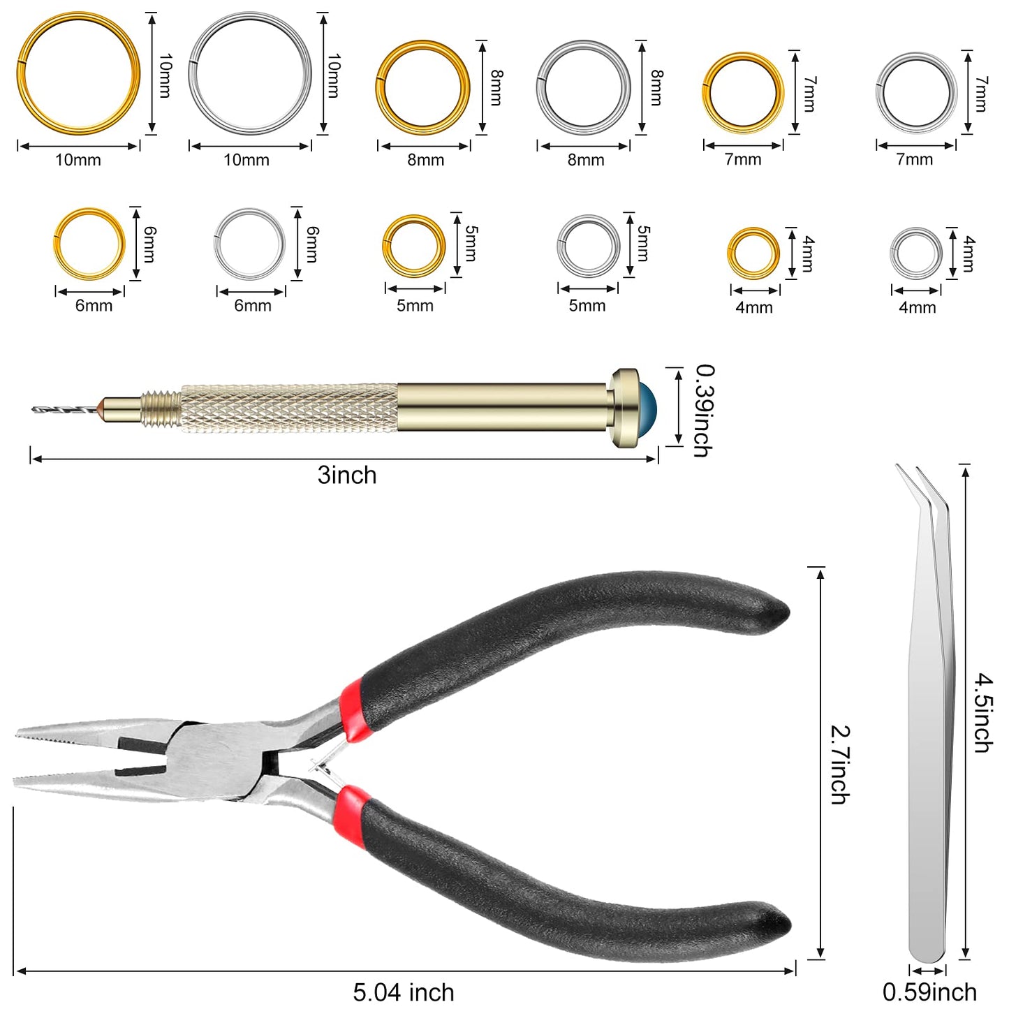 1014 Pieces Nail Dangle Charm Piercing Tool Hand Drill, Nail Charms 6 Sizes Jump Ring Connector with Jump Ring Open Close Tool Pliers and Tweezers for Jewelry Making(Gold, Silver)