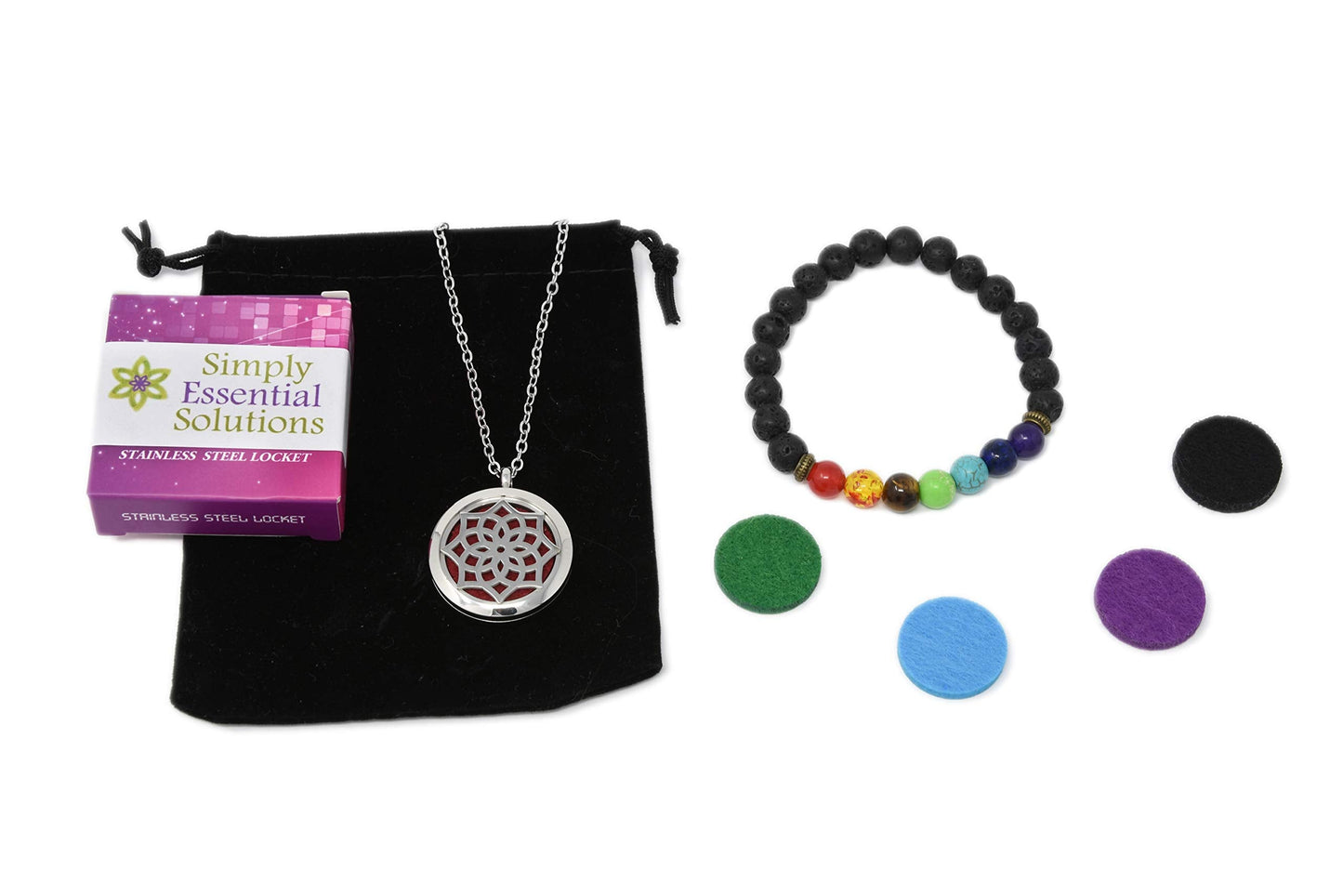 Aromatherapy Essential Oil Diffuser Stainless Steel 30MM Silver Locket Pendant 2 Sizes Chain Necklace, Refill Pads & Diffuser Bracelet in a Velvet Bag (flower2)