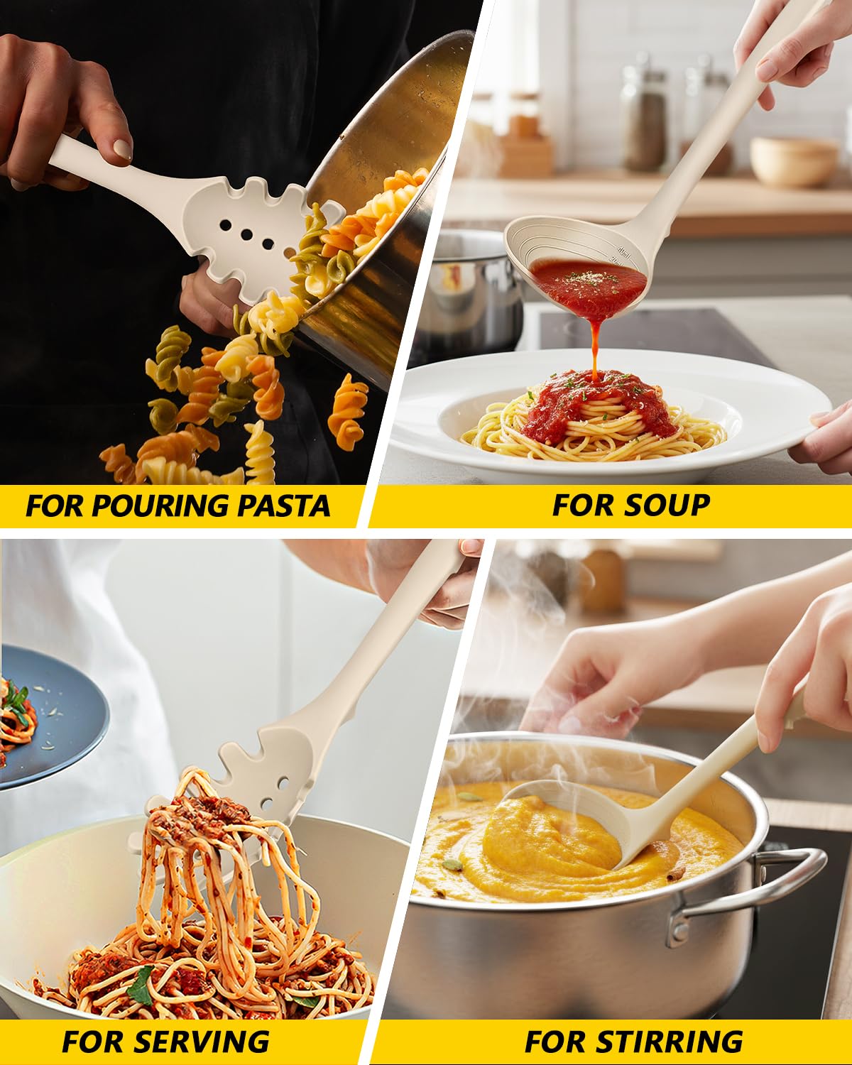 Silicone Pasta Fork and Soup Ladle Set, Heat Resistant Non Stick Kitchen Utensils with Back Hooks, Suitable for Cooking, Stirring, Serving Spaghetti, Soup, Sauce(KHAKI)
