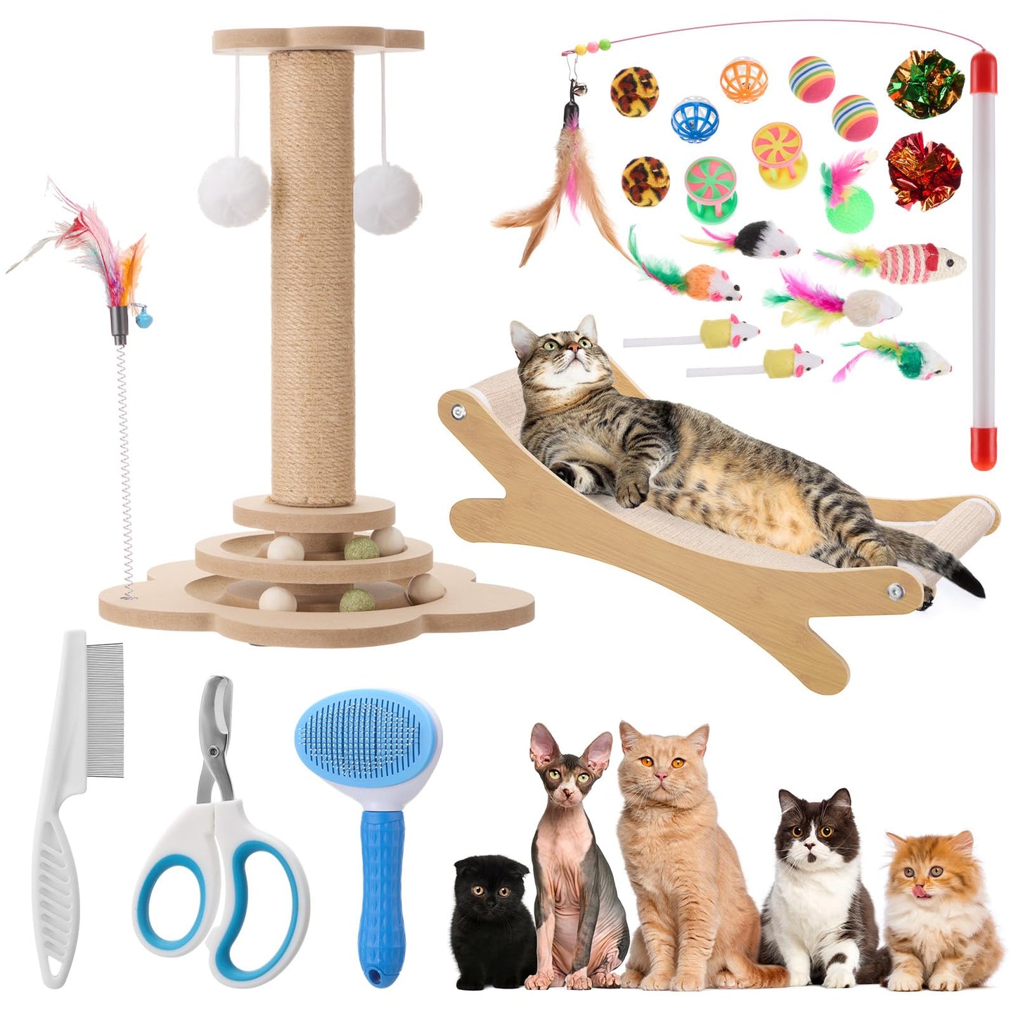 Seenelling 25 Pcs Kitten Starter Kit for Indoor Cats Include Cat Scratching Post, Sisal Scratcher Bed, Brushes, Nail Clipper, Balls for Indoor Kittens Supplies Accessories Welcome Gift