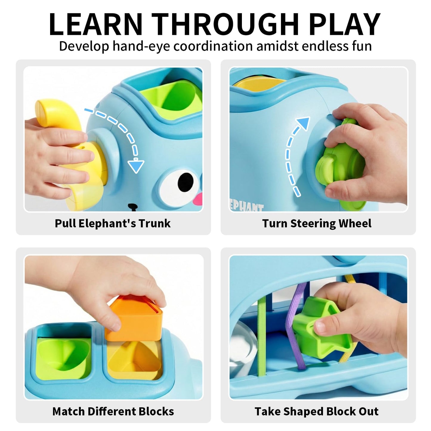 SOCBTNSO Elephant Interactive Shape Sorter Toys for 18 Months+, Montessori Matching & Sorting Toys with 6 Sensory Shape Blocks, Developmental Infant Birthday Gifts for Learning Toddler