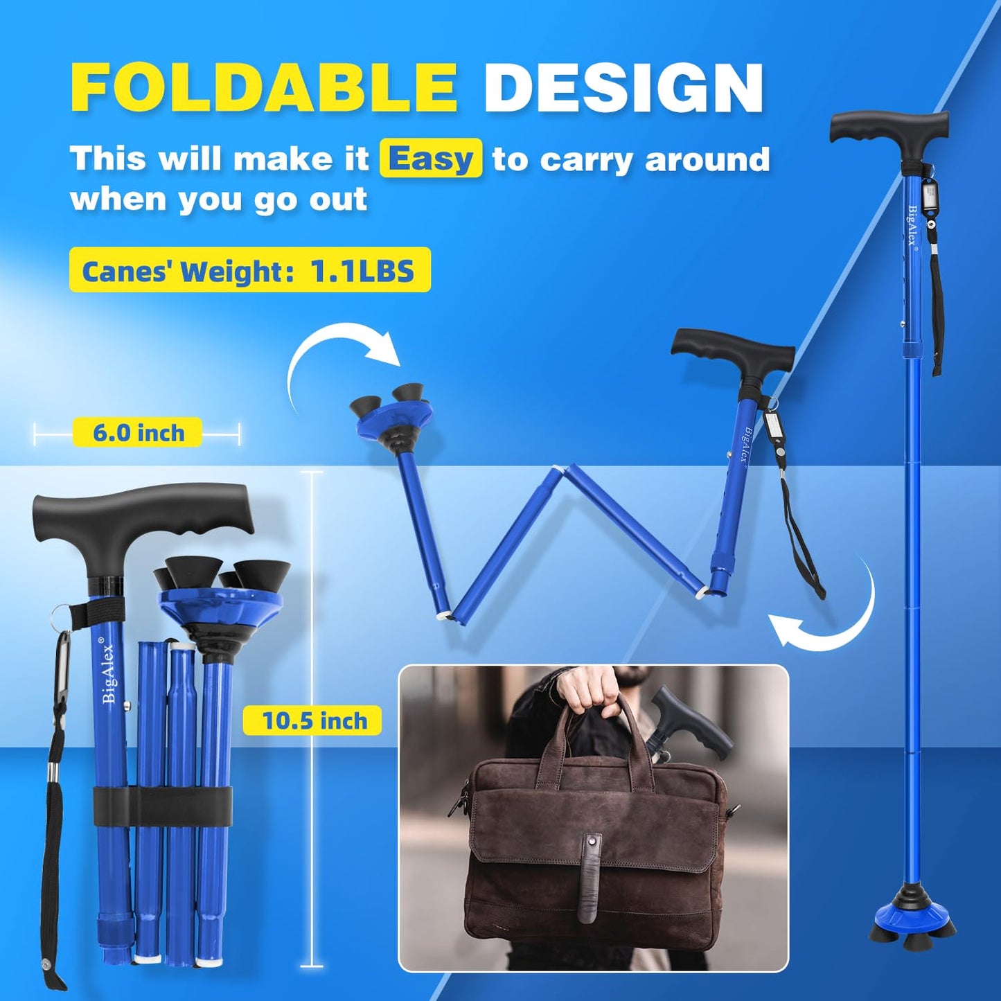 BigAlex Folding Walking Cane for Elderly Adjustable & Portable Walking Stick for Seniors,Pivoting Quad Base,Lightweight,Collapsible with Carrying Bag for Men/Woman