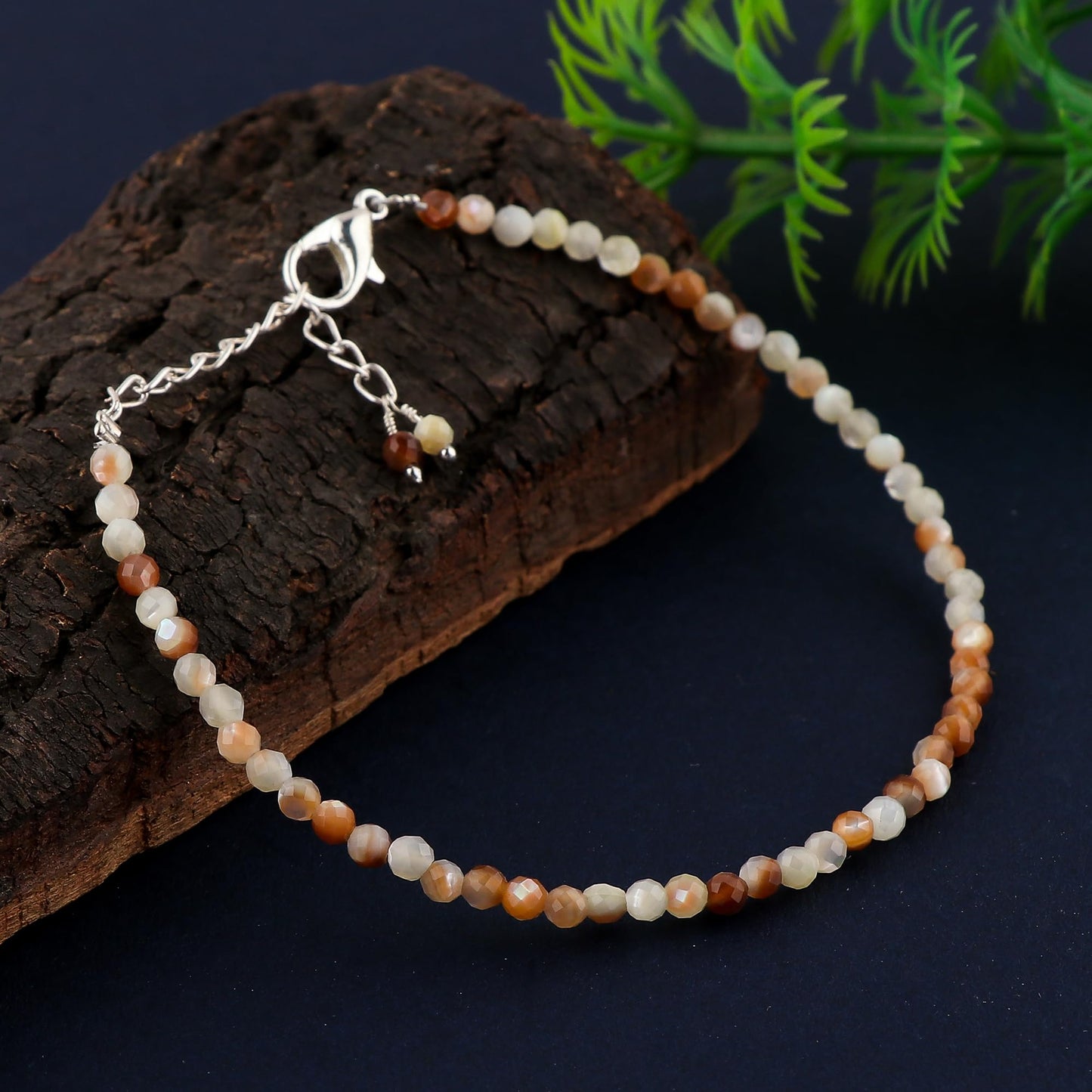 GEMKORA Natural Real Multi-Moonstone Crystals Bracelet, 3mm Best Grade Micro Cut Beads, Chakra Healing Gemstone, Beautiful Simple Jewelry, Silver Plated Jewelry 8 inch