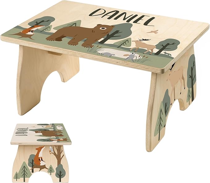 Woodland Step Stool for Toddlers- Personalized Wood Kids Step Stool with Name for Kitchen Sink, Bathroom, Potty Training, Toilet, Kitchen Sink- Sturdy and Safe- Made in USA by BloomOwl (Woodland Bear)