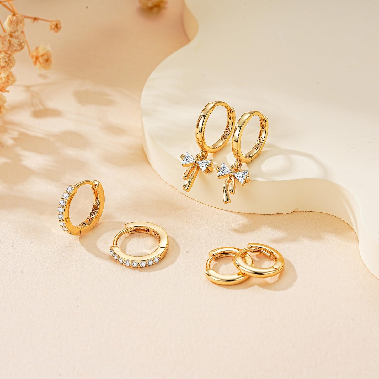 DORANA Gold Bow Earrings Small Hoop Set for Women 925 Sterling Silver Huggie Earrings Non Tarnish Tiny Cartilage Hoops Stackable Christmas Bow Earring