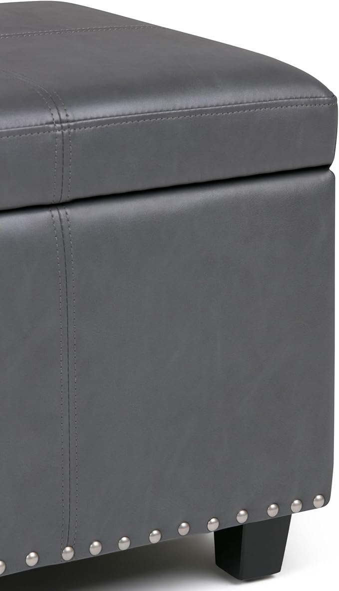 SIMPLIHOME Kingsley 48 inch Wide Transitional Rectangle Large Storage Ottoman in Stone Grey Vegan Faux Leather, Assembled, For the Living Room, Entryway and Family Room