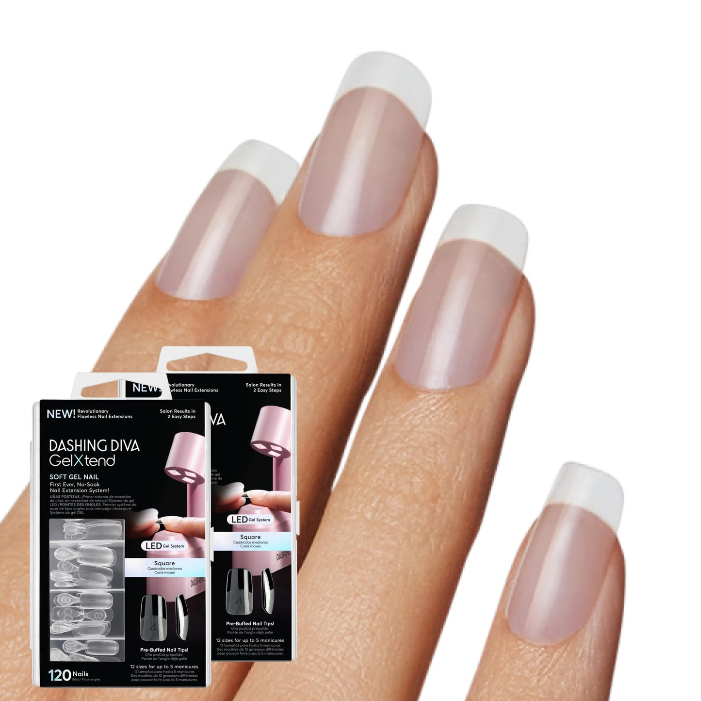 Dashing Diva GelXtend Nail Tips, 2 Pack - Clear, Medium Length, Square - Acrylic Nails with LED Glue - Lasts Up to 14 Days - No-Soak, Easy Removal
