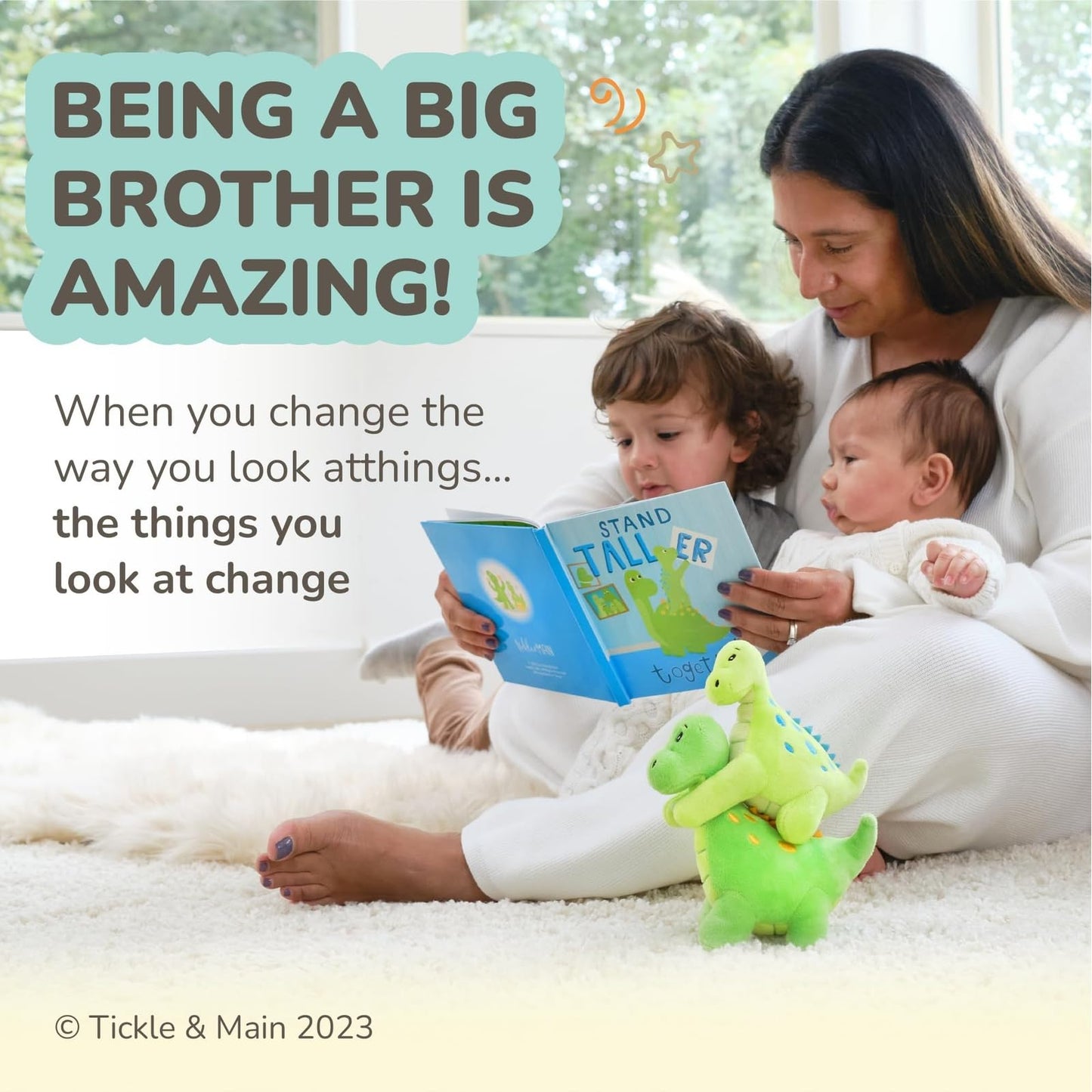 Tickle & Main Big Brother Gift Dinosaur Stuffed Animal Set - 3-Piece, Green, Ages 2+ - Sibling Matching Plush Dinosaurs with Stand Taller Together Book - Sibling Gifts