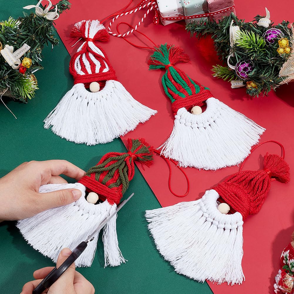 MAYJOYDIY 4Pcs Santa Claus Macrame Gnomes 10.24 inch Handmade Woven Macrame Cotton Thread Santa Pendant Decorations with Wood Beads for Christmas Tree Office Living Room Bedroom