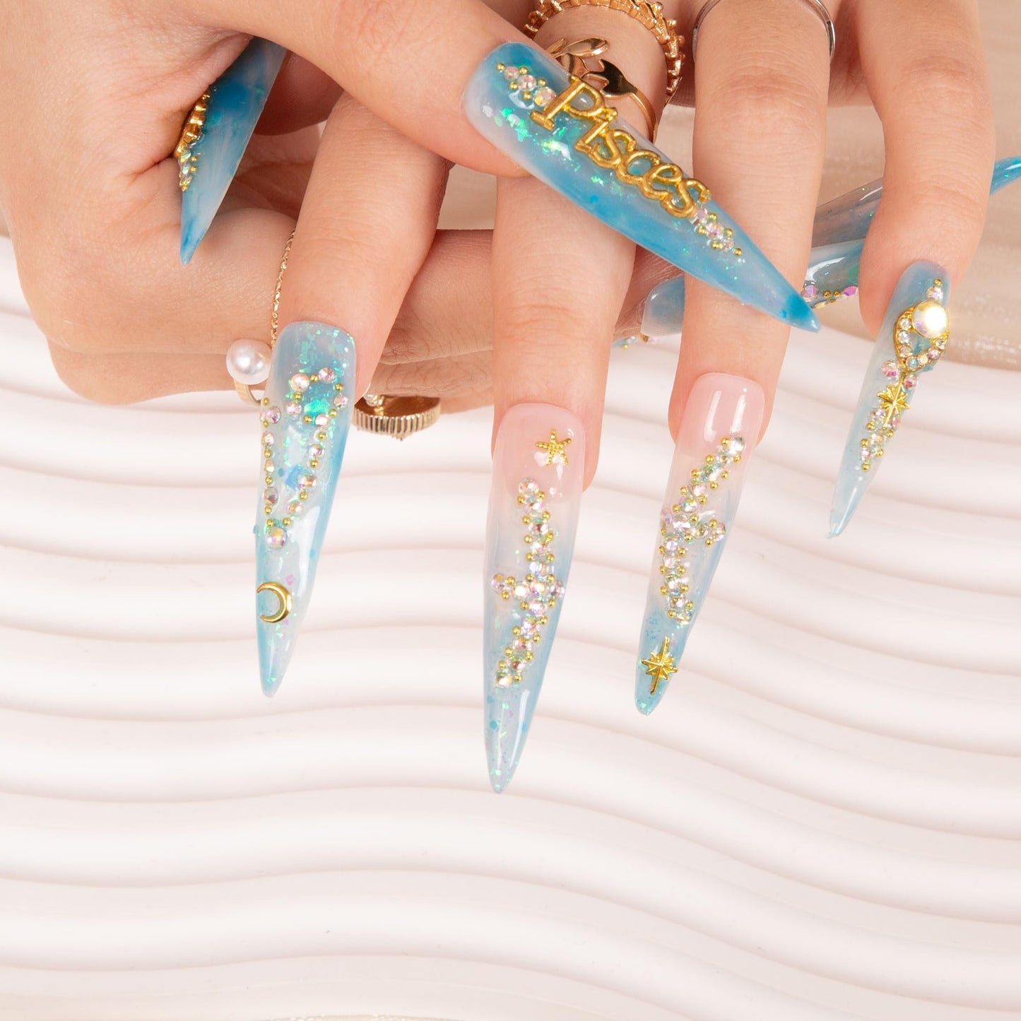 LOVFUL Press on Nails Pisces Blue French Tip | Handmade with Full Covered Crystals | Reusable Full Cover Nails | Stiletto Long 2.2 in | H157-S