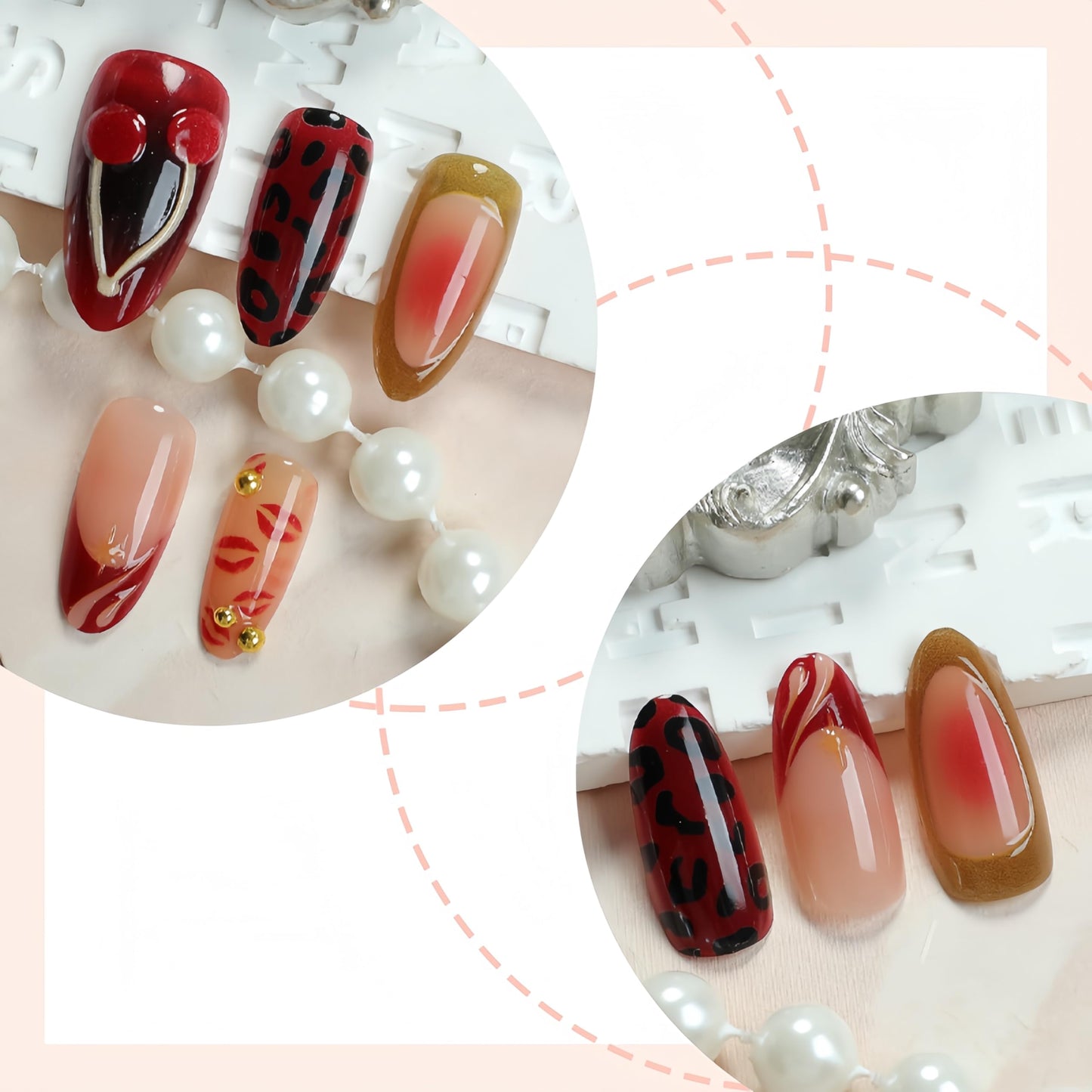 30Pcs Red Lips Cherry Press on Nails Medium Almond Shaped False Nails with Golden Beads Designs Valentines French Tip Fake Nails Leopard Lip Print Full Cover Stick on Nails for Women Manicure Kit