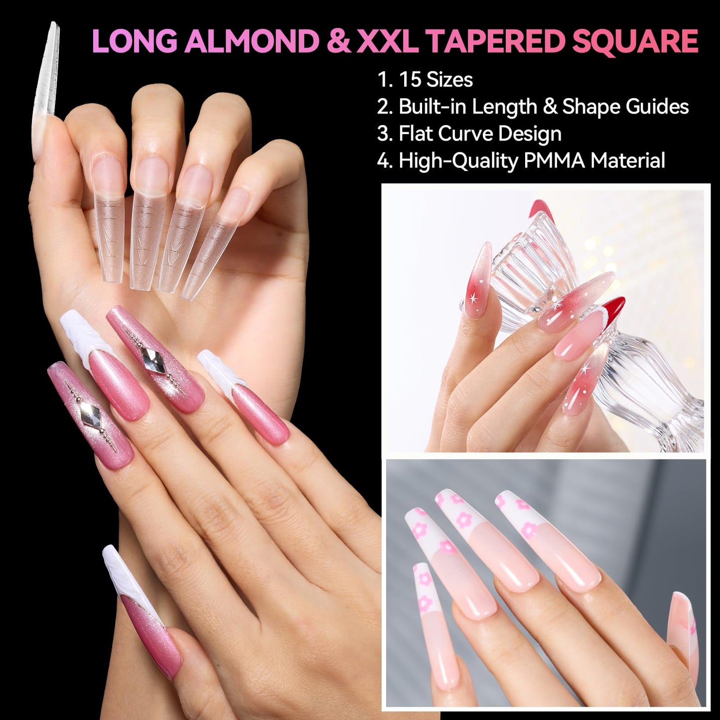Makartt Long Almond & XL Tapered Square Nail Tips with Built-In Shaping Guides: 2 Shapes in 1 Box-15 Sizes, Pre-Etched Matte Inside False Nails for Nail Extension DIY, Salon Manicure Supplies 420pcs