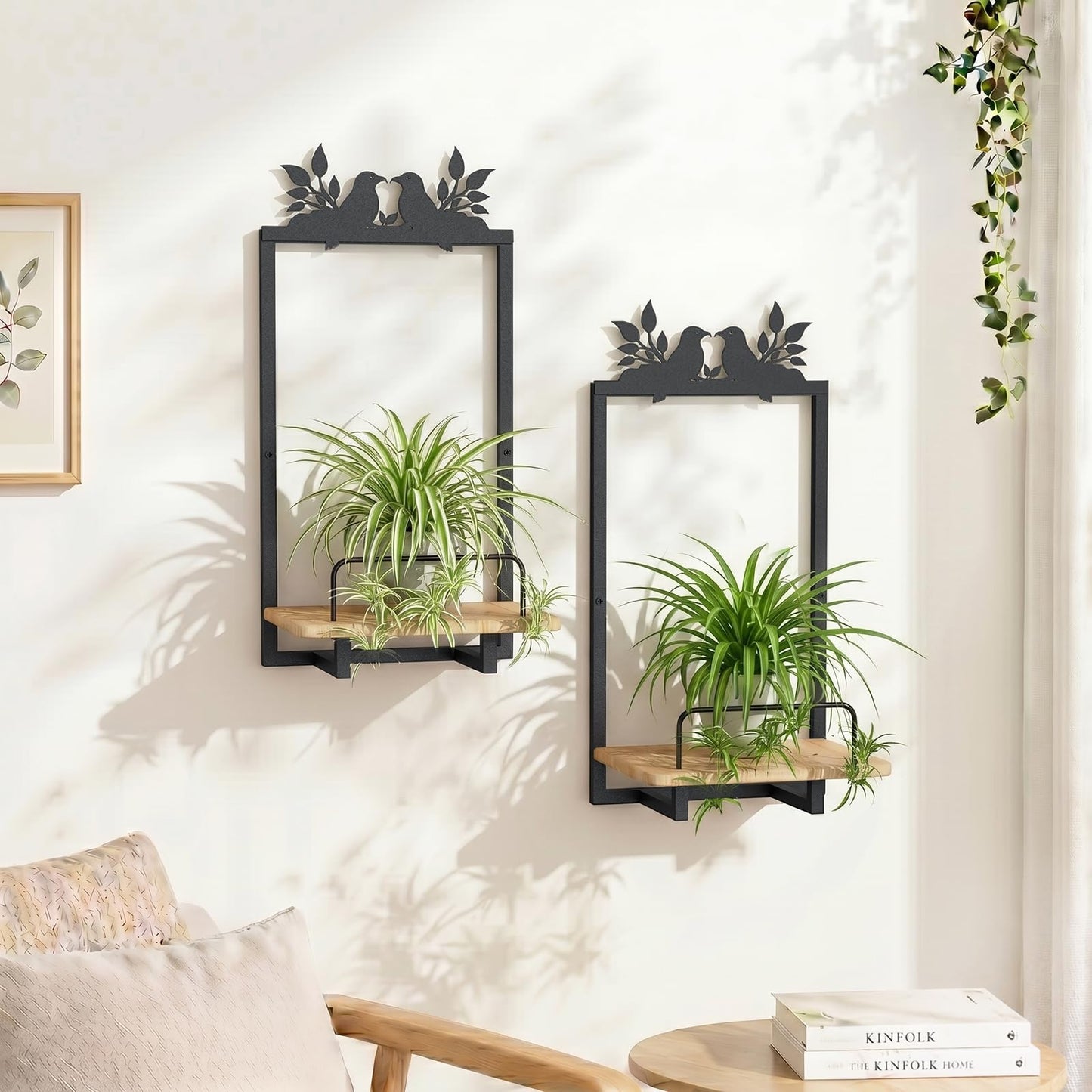 Shineled Wall Planter for Indoor Plants 2 Pack, Wall Mounted Plant Holder for Small Plants, Floating Wall Shelf for Plants, Real Oak Wood, Magnetic Animal Decor, Home Wall Decor (Bird)