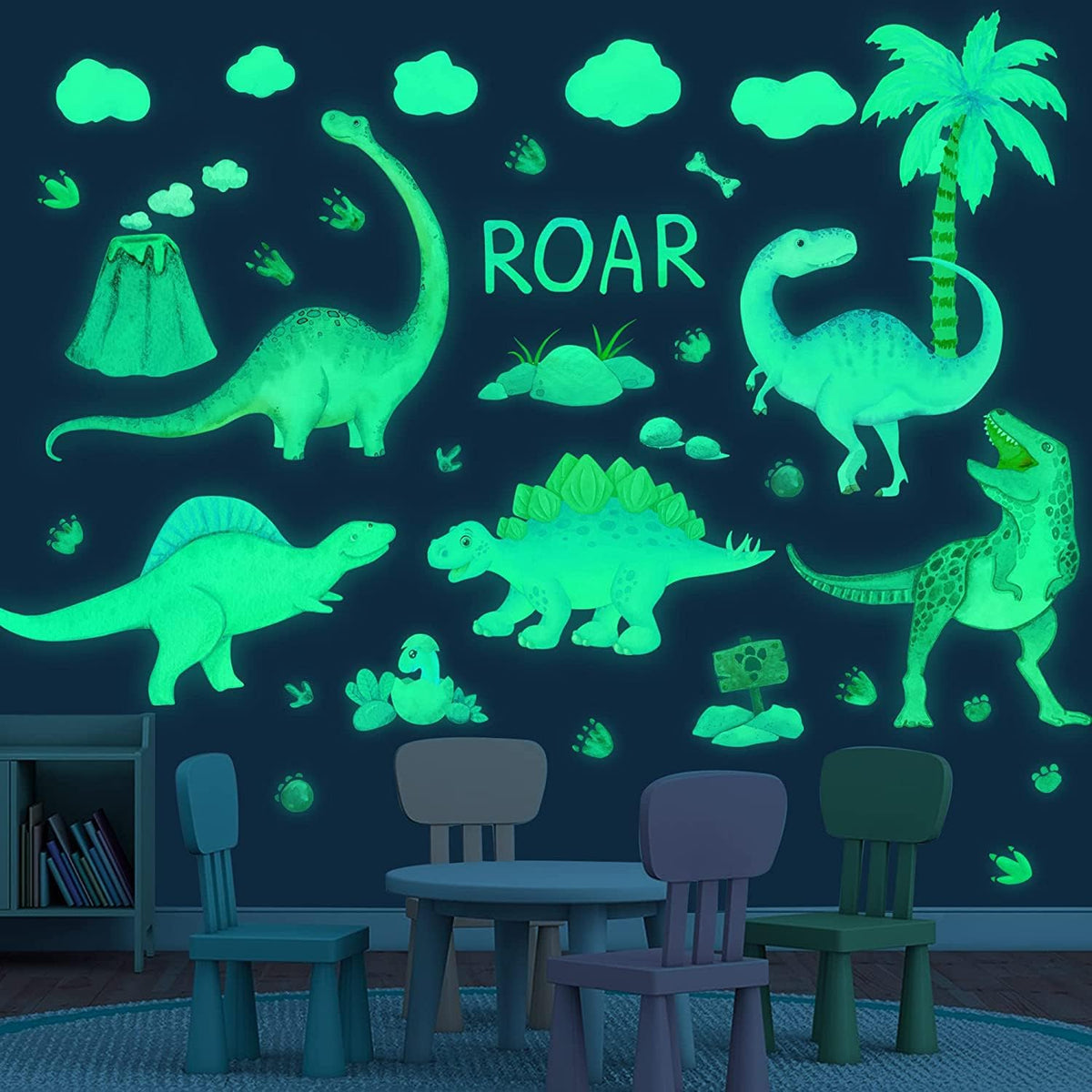 Dinosaur Wall Decals Glow in The Dark Dinosaur Wall Stickers Watercolor Dinosaur Decal Large Removable Vinyl Dino Wall Decals for Boys Bedroom Kids Girls Nursery Playroom Living Room Wall Decor Green