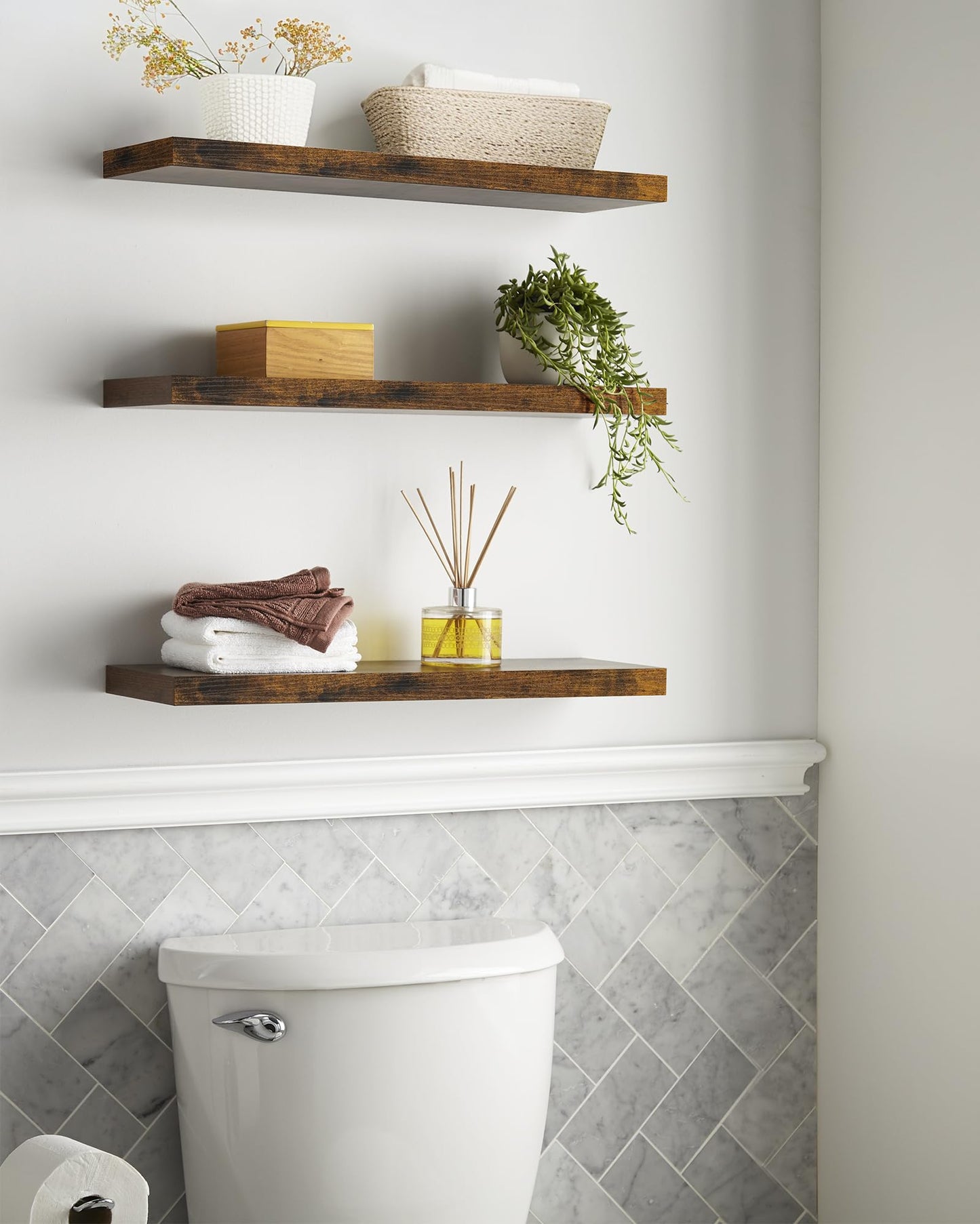 BAYKA Floating Shelves for Wall, Set of 3, 22.5 Inch Rustic Wood Wall Mounted Shelving for Bathroom, Bedroom, Living Room or Kitchen, Hanging Display Decor Book Shelf with 22 lbs, Rustic Brown