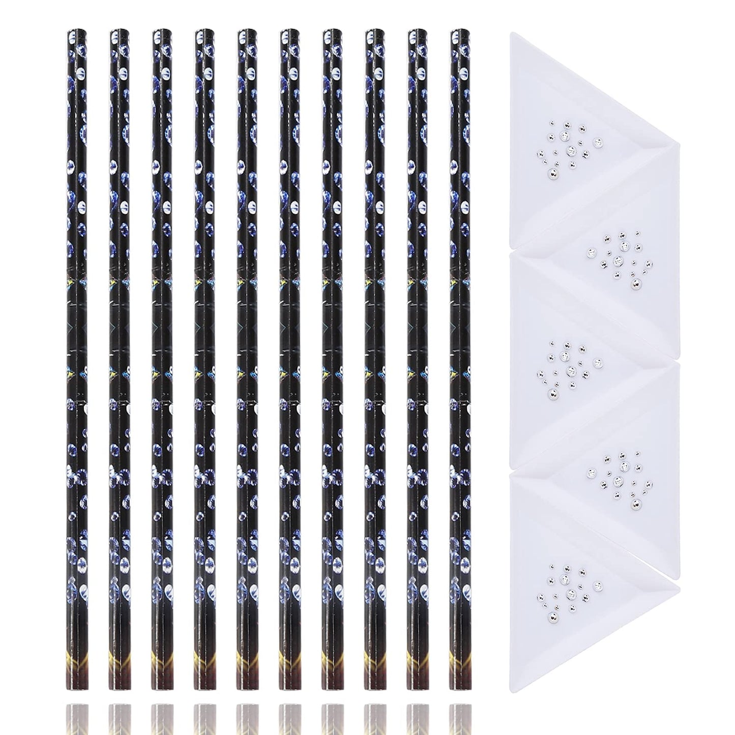 JERCLITY 10 Pieces White Refill Rhinestone Picker Pencil Set Self Adhesive Nail Dotting Wax Pen with 5 Piece Triangular Beads Sorting Tray for Nail Art DIY Decoration