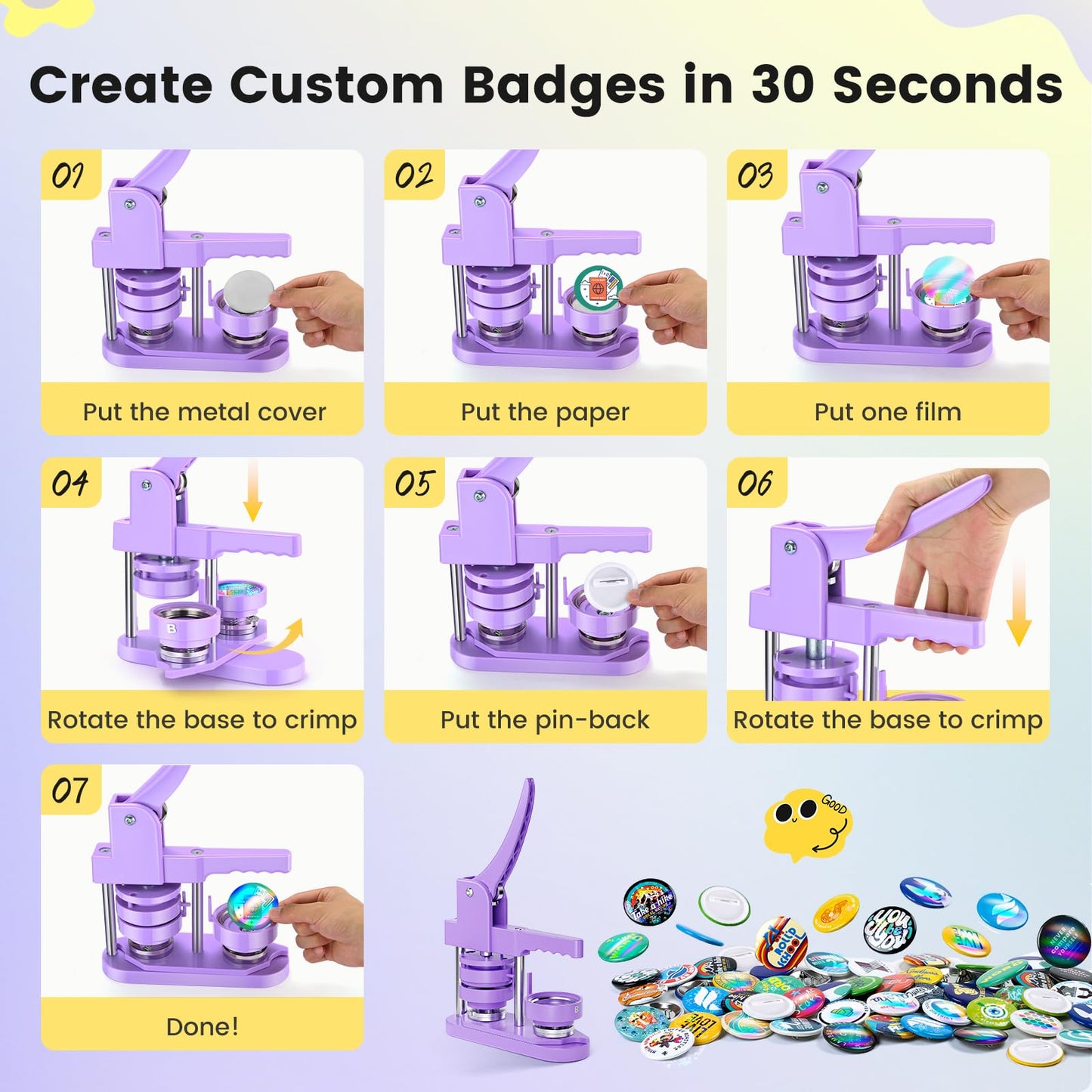 Button Maker Machine 2.25'' Button Press Machine Pin Badge Maker Machine with 100 Set Holographic Film, Button Pinback Making Supplies, Removable Dies, 1 Circle Cutter, 1 Cutting Mat, 50 Photo Paper