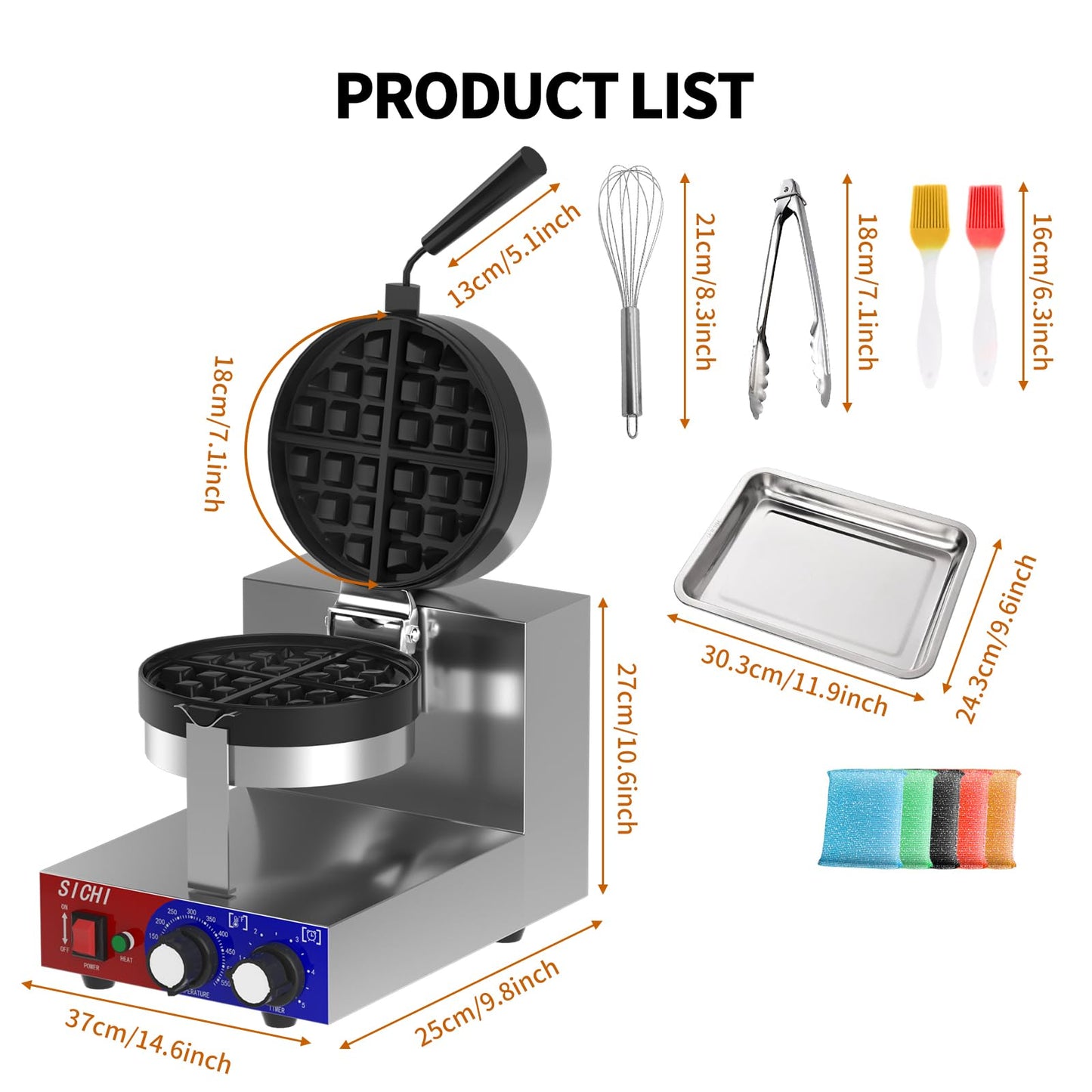 HTTSICHI Commercial Waffle Maker - Belgian Waffle Maker w/Non-stick Baking Pan and 550℉ Heating, 1200W Rotating Waffle Iron for 1.2" Thick, Stainless Steel Round Waffle Machine for Restaurant