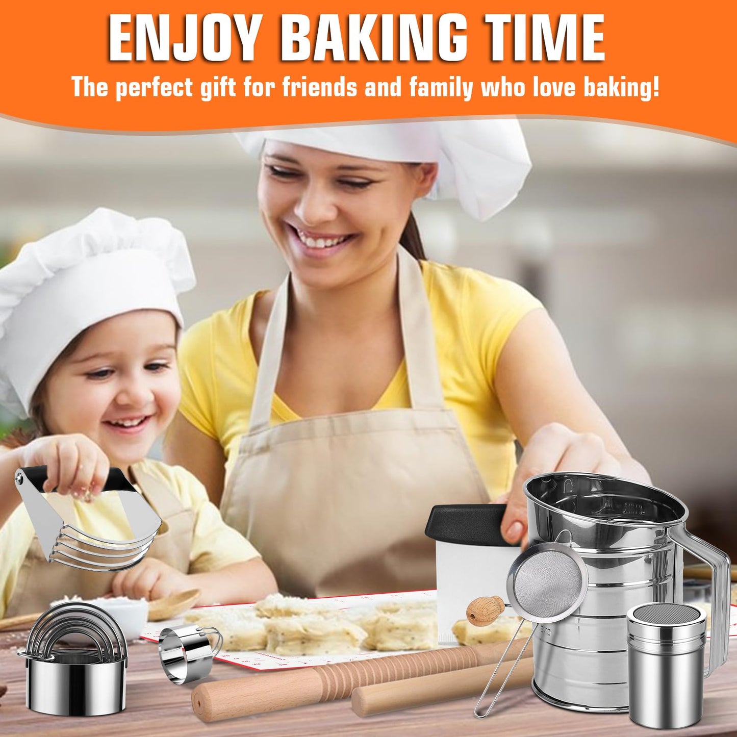 Biscuit Cutter Set, 14PCS Pastry Blender Set with Pastry Cutter, Flour Sifter, Rolling Pin, Biscuit Cutter, Dough Cutter, Powdered Sugar Shaker Duster, Fine Mesh Strainer Baking Mat for Cooking Baking