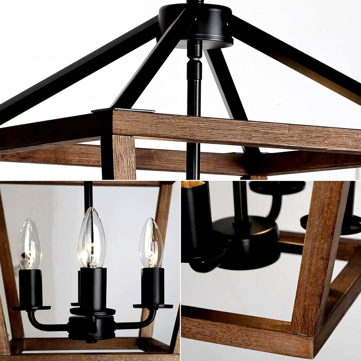 4-Light Lantern Pendant Light,Black Wood Cage Farmhouse Chandelier for Kitchen Island,12'' Rustic Metal Geometric Hanging Lighting Fixture for Kitchen Island Dining Room Bedroom Foyer Entry