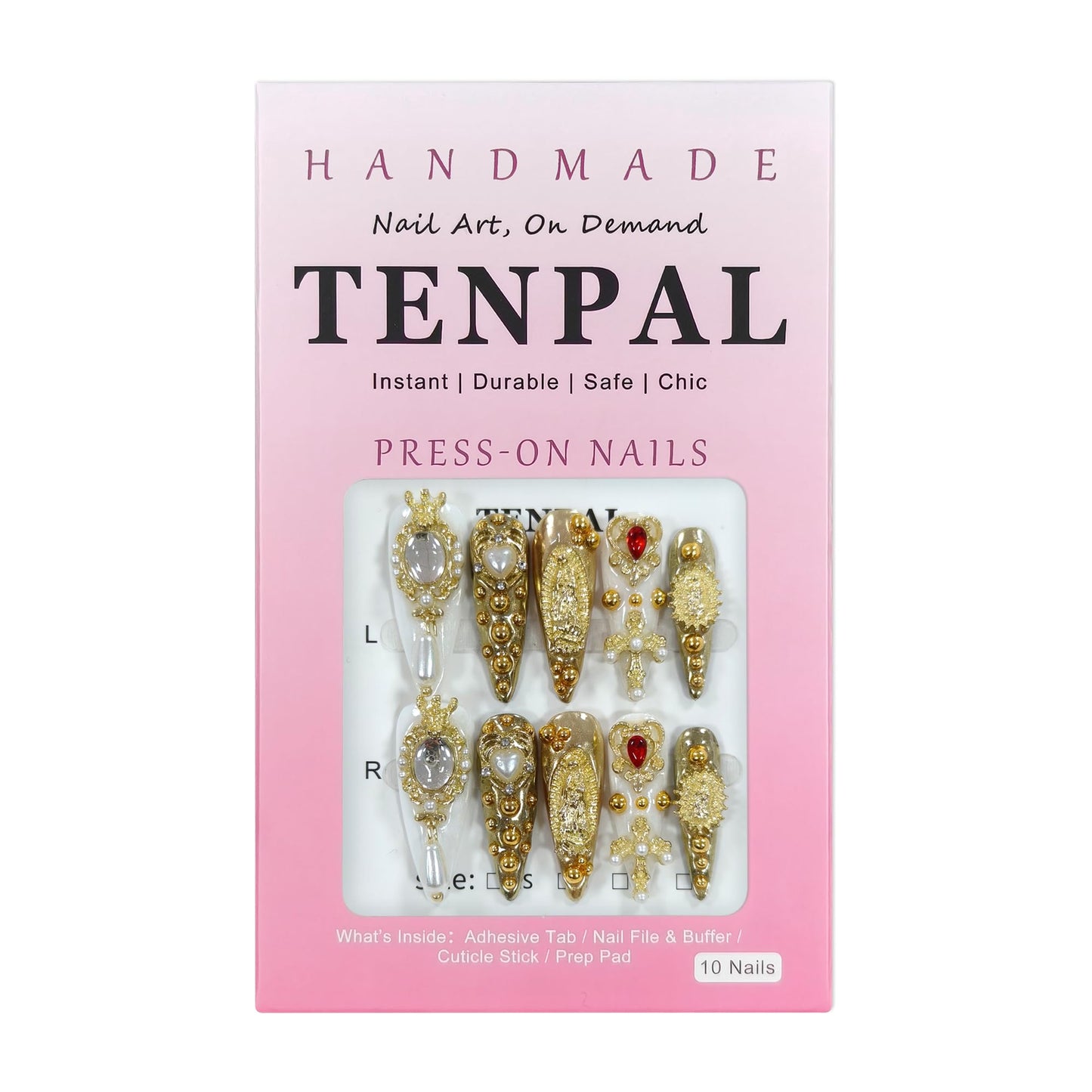 TENPAL 10Pcs Handmade Royal Press On Nails With Tools,Metallic Gold Long Stiletto Fake Nails with Pearl & Celestial Charms Designs,Sculpted 3D Baroque Acrylic Glue on Nails for Wedding Gothic Ball(L)