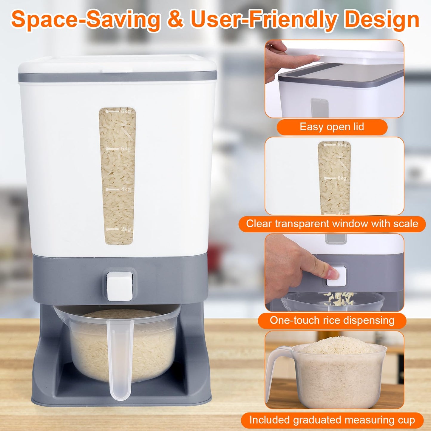 Mity rain Rice Dispenser 20 Lbs with Moisture Absorbing Clay, Rice Storage Container with Measuring Cup, 12 L Cereal Containers Storage Airtight for Kitchen Pantry Organization