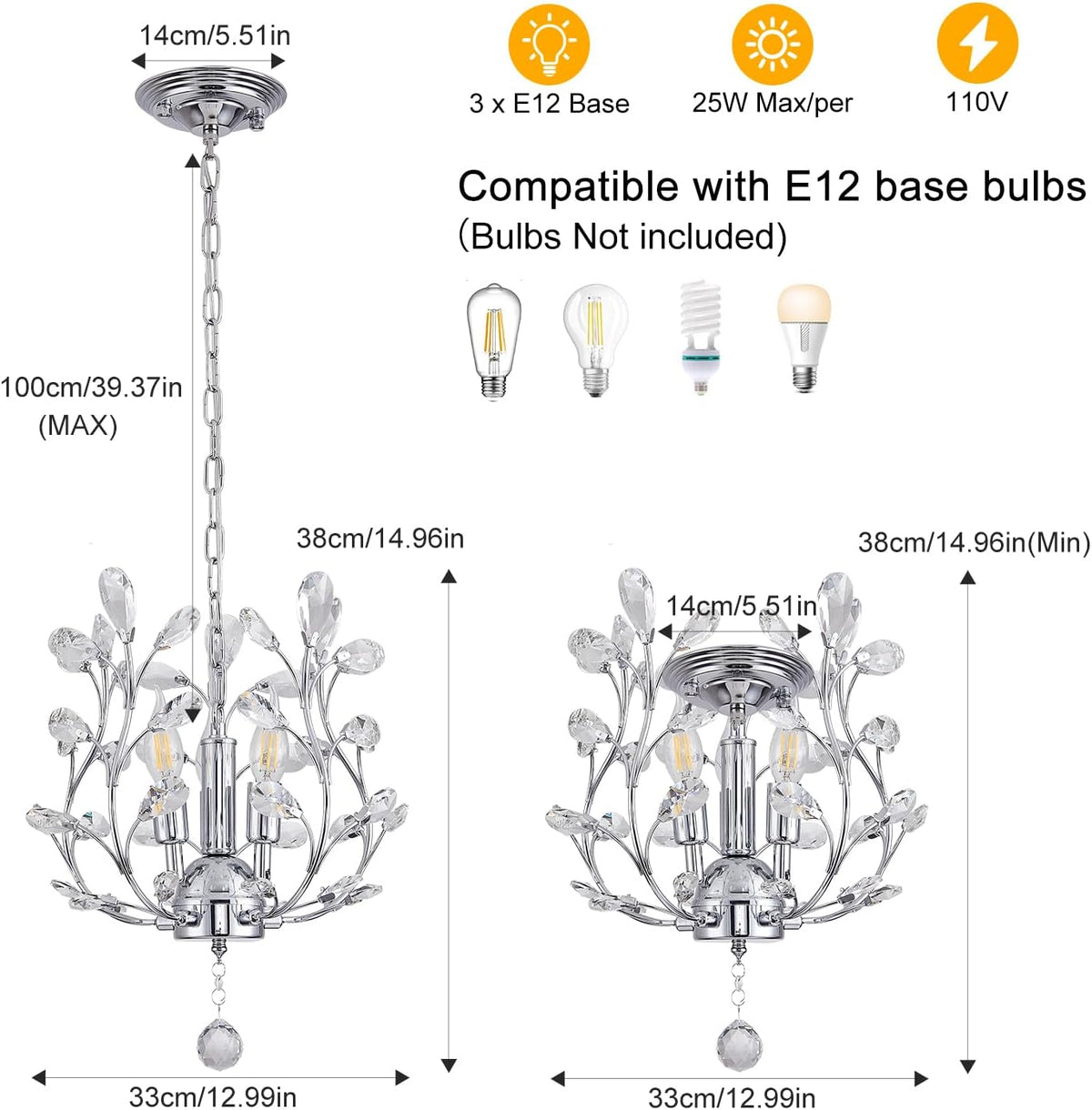 Ganeed 3-Light Branch Crystal Chandelier, Small Flush Mount Vintage Pendant Hanging Lighting, K9 Crystal Farmhouse Ceiling Light for Dining Room Bedroom Living Room Kitchen Hallway, Chrome Silvery