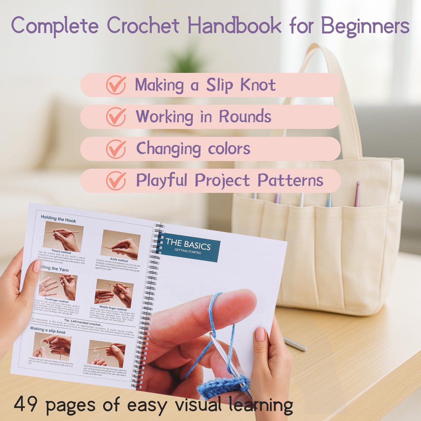 JC CRAFT Beginner Crochet Kit – 81 Piece Starter Set with 15 Colorful Yarns, Ergonomic Hooks, Complete Supplies, White Tote Bag, Accessories Case, Guide Book & Online Video Lessons