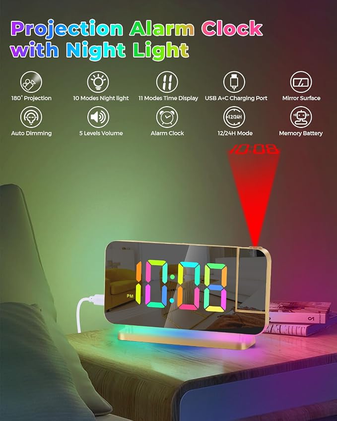 SZELAM Projection Alarm Clock, 7.4 in Digital Mirror Clocks,with 180° Rotatable Projector, RGB Night Light,USB C Charger Port, Auto Dimmer, LED Desk Clock for Bedroom