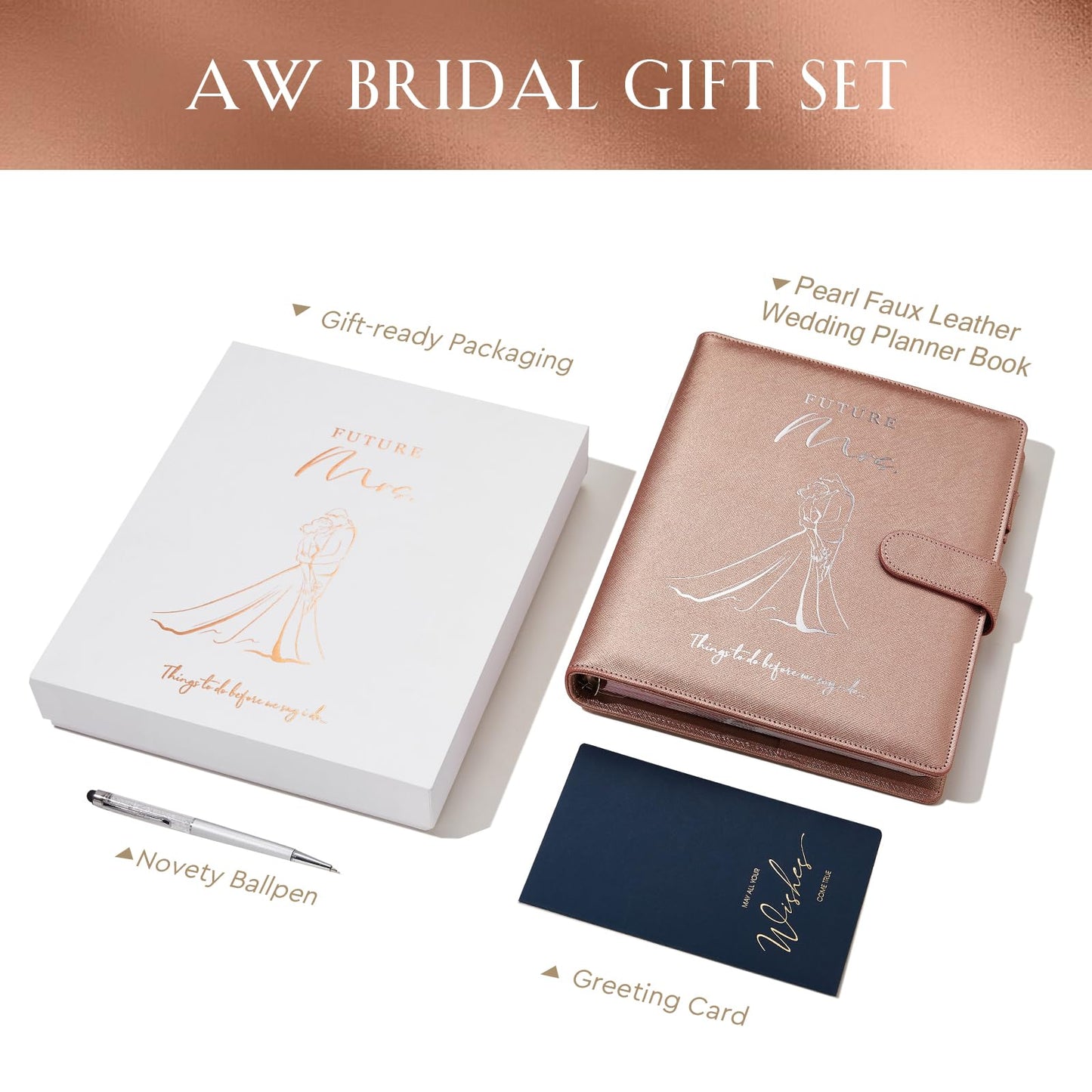 AW BRIDAL Future Mrs Wedding Planner Book and Organizer Gift Set, Personalized Destination Wedding Planners, Rose Gold Planning Gift for Bride and Engaged Couples, Cool Engagement Gifts for Her