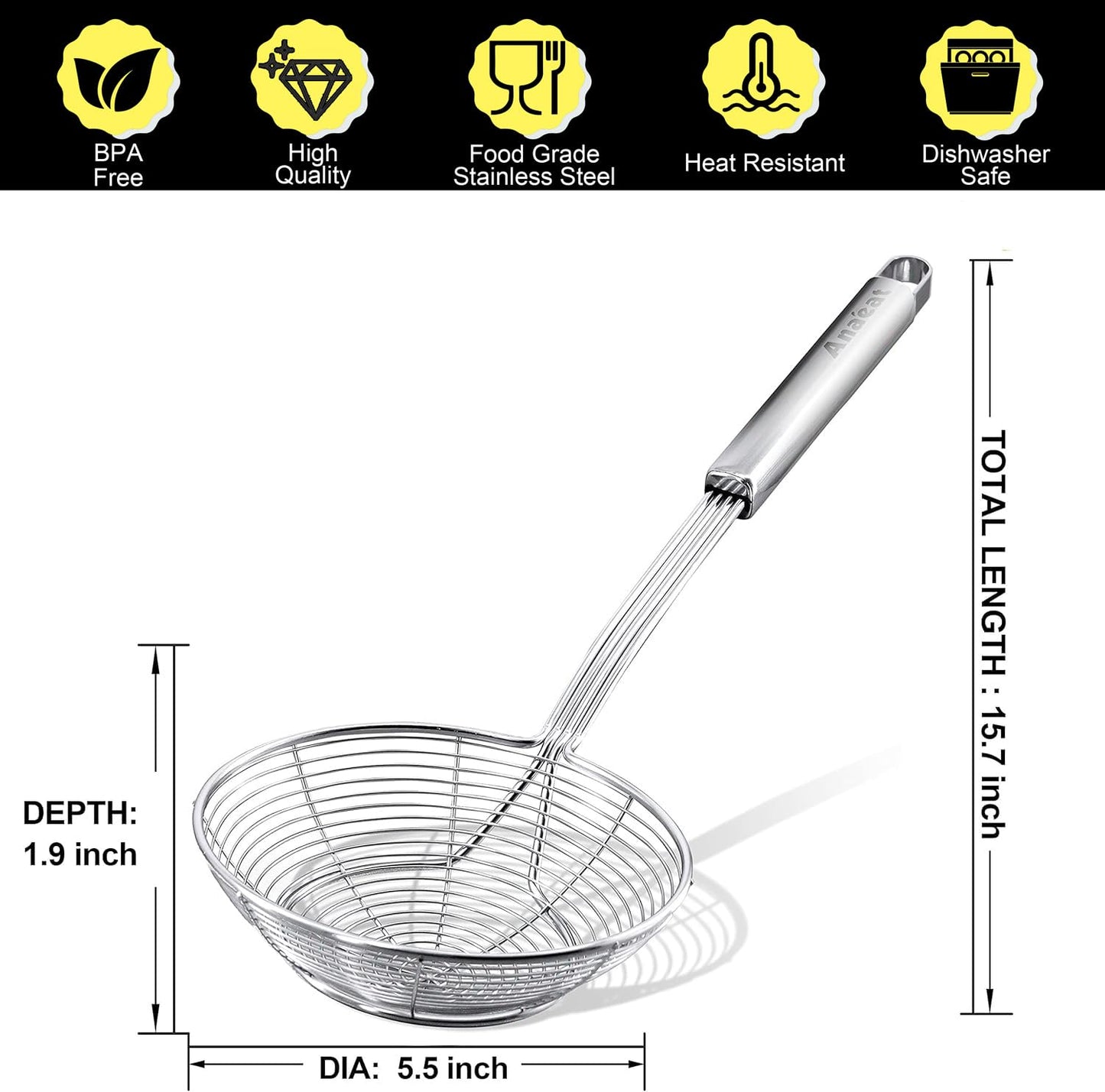 Anaeat Stainless Steel Spider Strainer Skimmer - Solid Kitchen Strainer Ladle with Long Handle for Cooking and Frying, Reinforced Double Coil Slotted Spoons for Pasta, Noodle, Spaghetti (5.5 Inch)