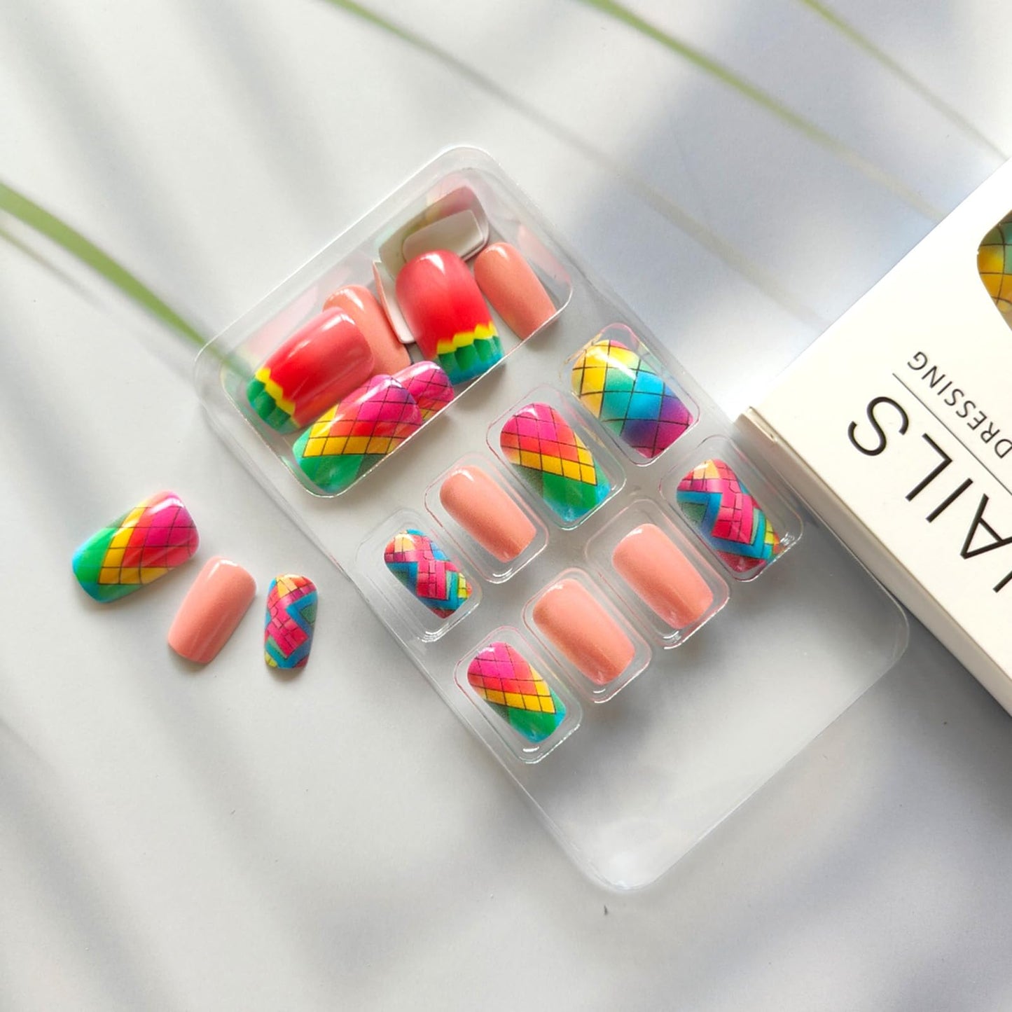 Square Press on Nails Colorful Rhombus Plaid Design Fake Nails Medium False Nails Glossy Acrylic Nails Cute Press on Nails Reusable Stick on Nails for Women Spring Summer Nails 24Pcs