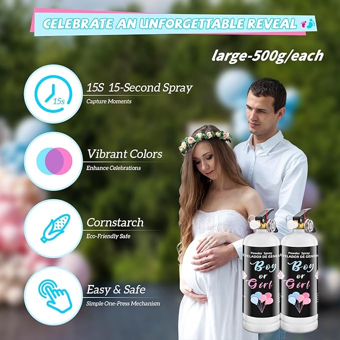 Gender Reveal Fire Extinguisher 2Pack Extinguishers for Baby Reveal Boy or Girl Giant Color Smoke Blue or Pink Powder for Party Decorations and Baby Shower