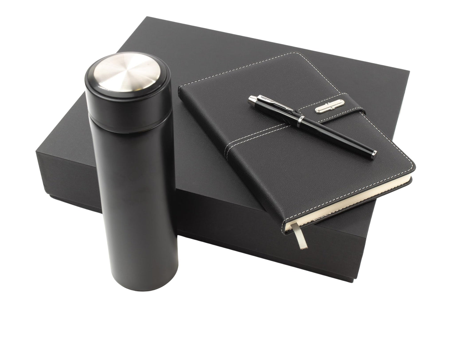 Shadow Breeze A5 Leather Notebook, Insulated Thermos and Executive Pen Gift Set in Premium Gift Box, 172 Pages 100GSM Ruled Pages, 12 oz, Great Gift for Business, School, Home (Black)