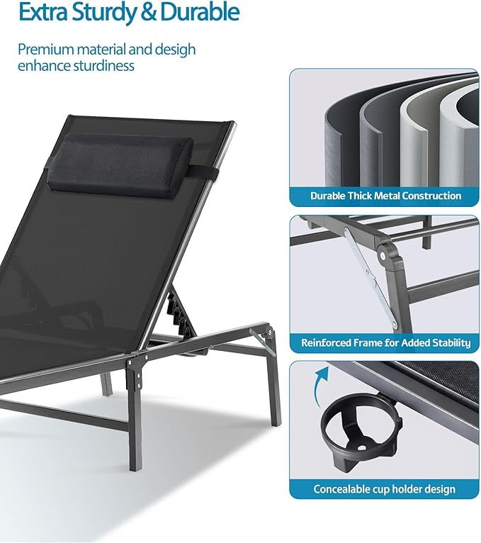 Foldable Chaise Lounge Chair with Cup Holder, Assemble-Free Outdoor Lounge Chair with Detachable Pillow and 6 Adjustable Backrest, Patio Lounge Chair for Outside Poolside Beach Pool, Black