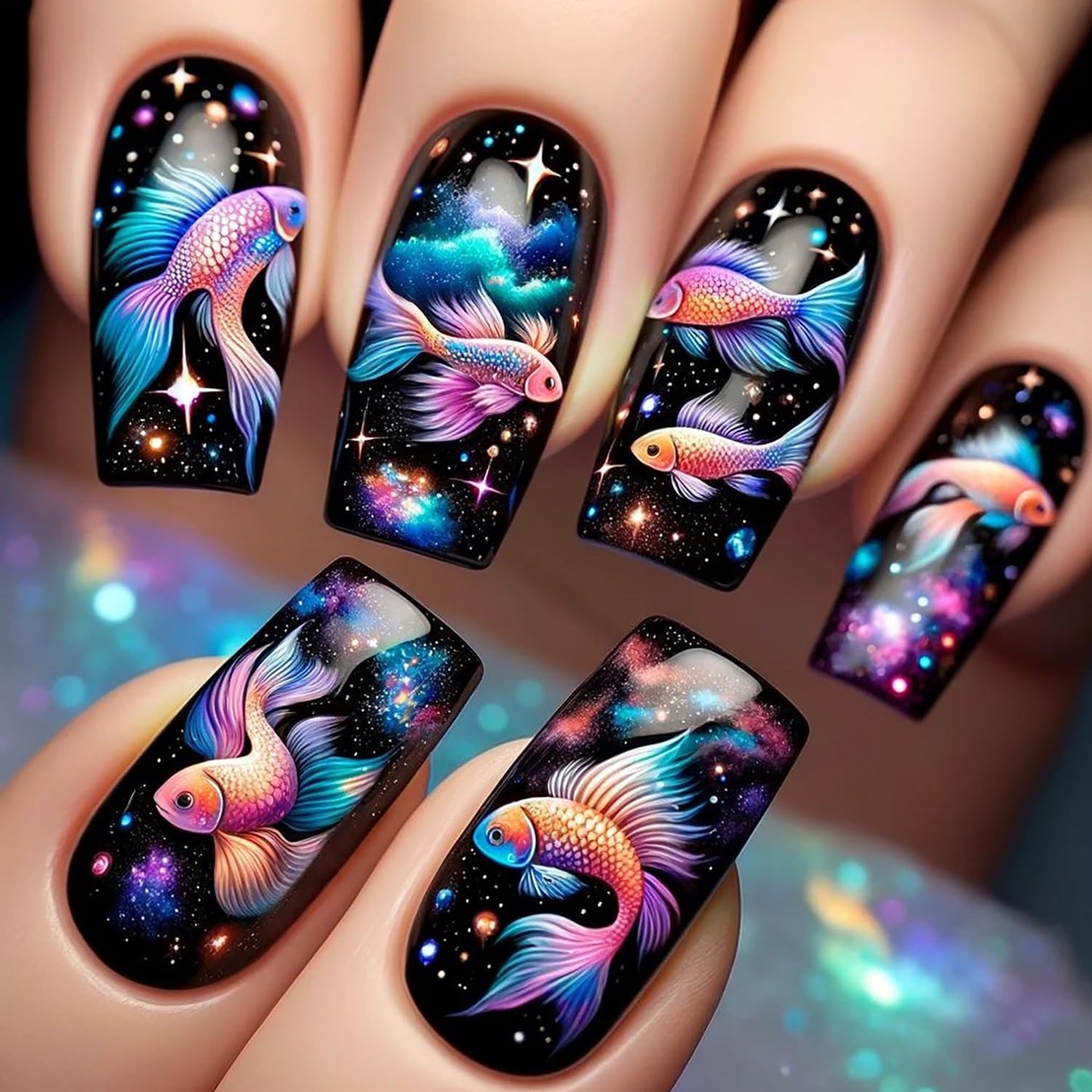 Mermaid False Nails Press on Nails Medium Square Naills Gradient Fish and Starry Sky Design Artificial Coffin Nails Stars Fake Nails Full Cover Stick on Nails Glossy Glue on Nails for Women 24Pcs