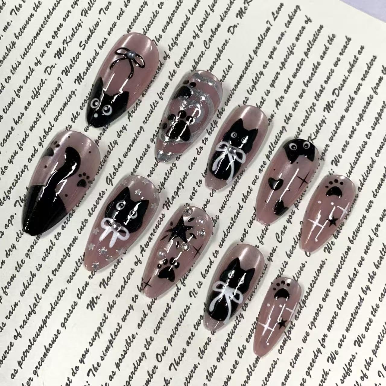 BABALAL Medium Almond Press on Nails - Pink Cat Eye Acrylic Nails with Black Cat Anime Kawaii Design, 24Pcs Cute Glossy Full Cover False Nails