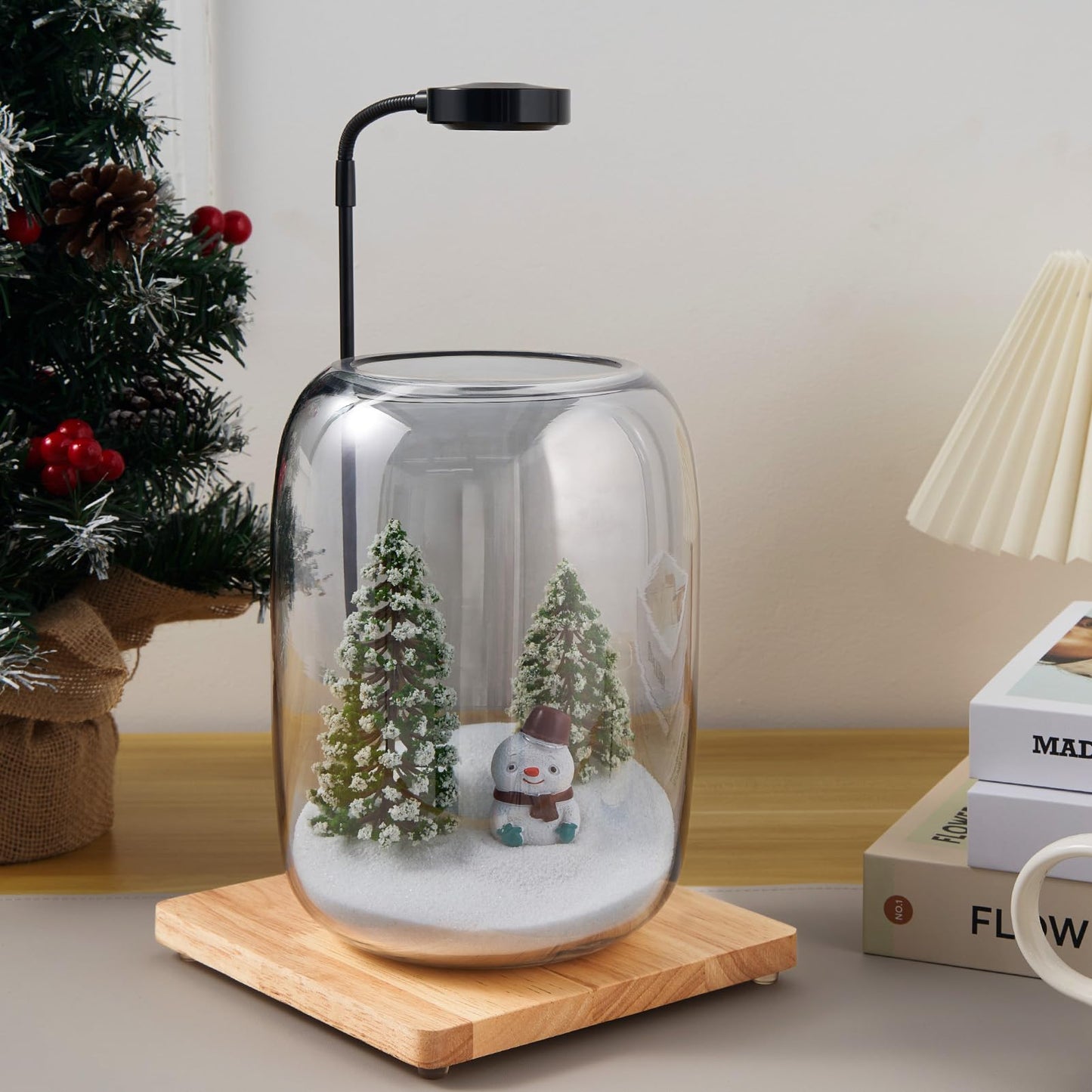 SARUFO Glass Plant Terrarium Kit, 6.3"X8.6" Micro-Landscape Vase with Light, Snowman and Pine Trees, for Home Office Tabletop Decoration, Wardian, Unique