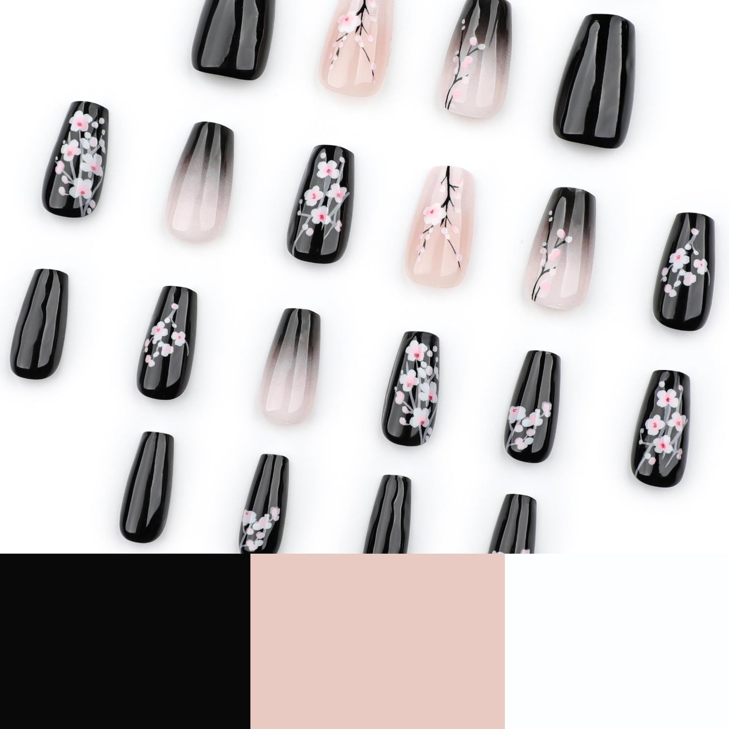 24Pcs Medium Press on Nails Coffin Shaped Fake Nails with Designs Black Gradient Nails Press ons Full Cover Stick on Nails Spring Glue on Nails False Nails for Women Girls Manicure Art
