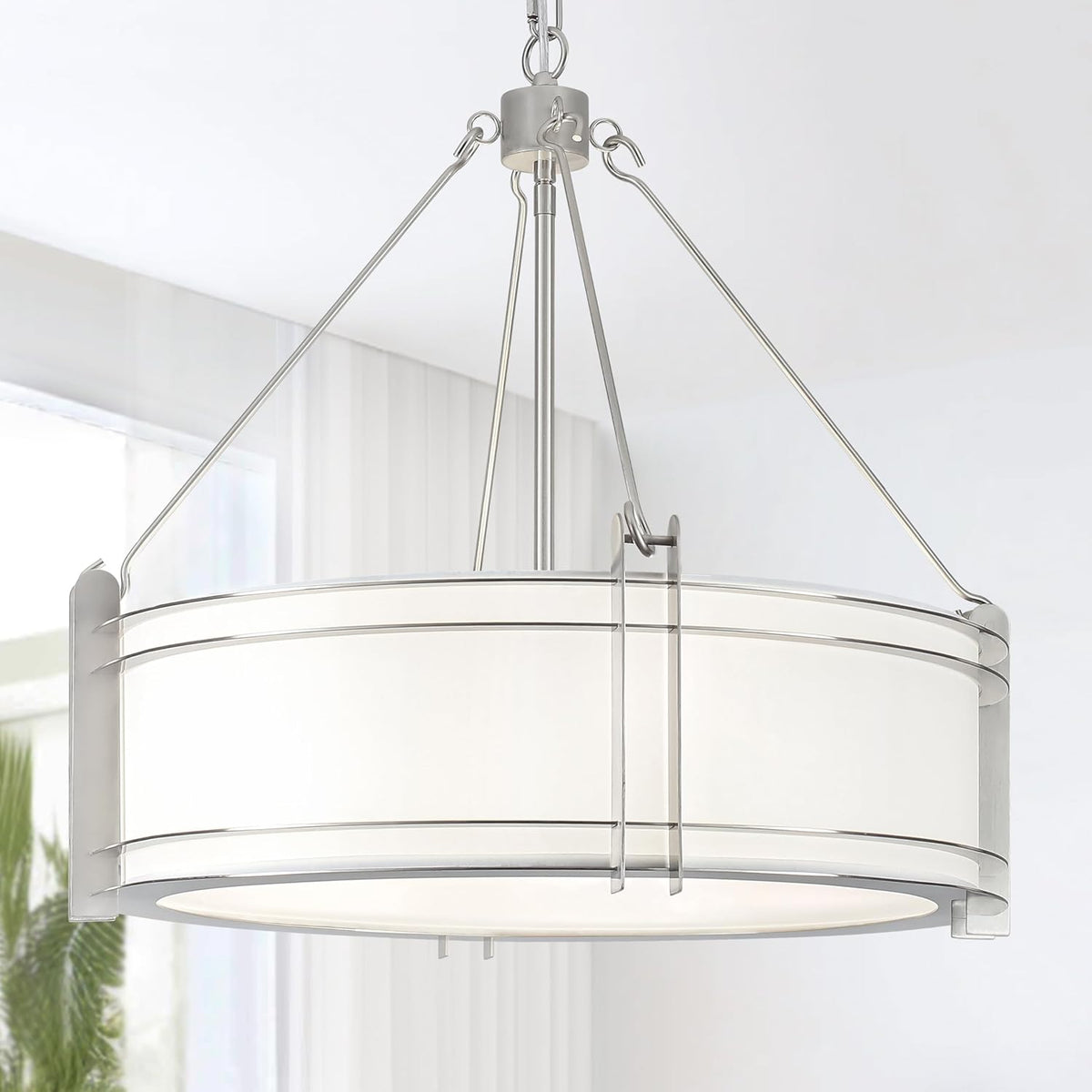 20.4''Drum Chandelier,5-Light Brushed Nickel Modern White Fabric Chandeliers,Farmhouse Round Pendant Light Fixture for Dining Room Kitchen Island Living Room Bedroom Hallway